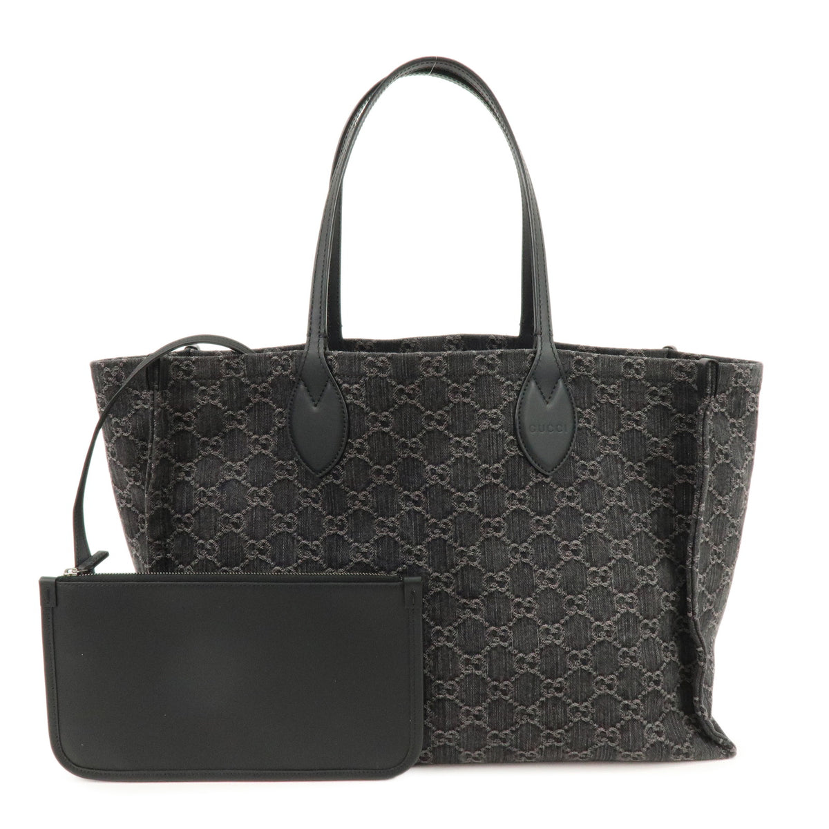 GUCCI GG Denim Leather Large Tote Bag Hand Bag Black 772184