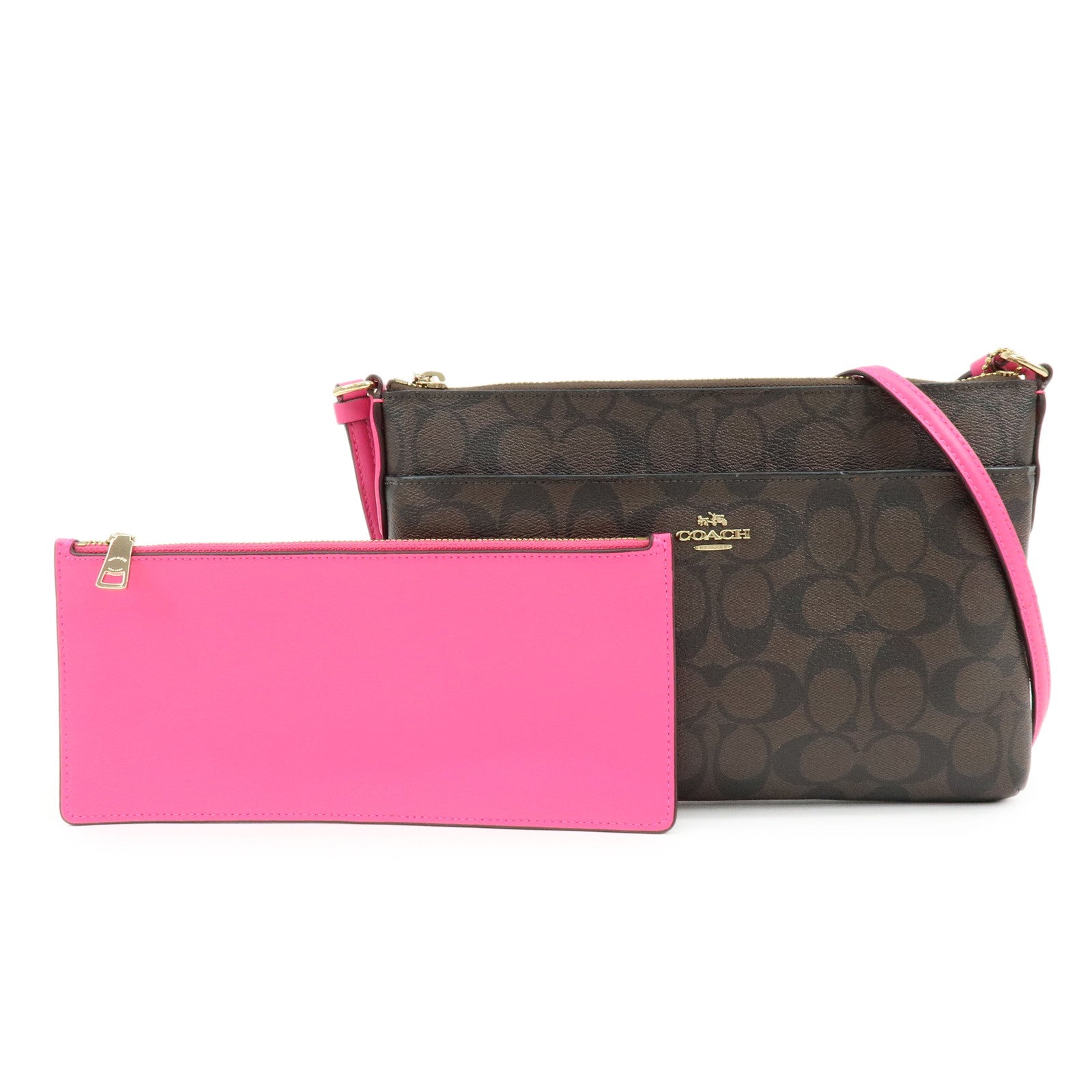 COACH Signature PVC Leather Shoulder Bag Crossbody Bag Brown Pink
