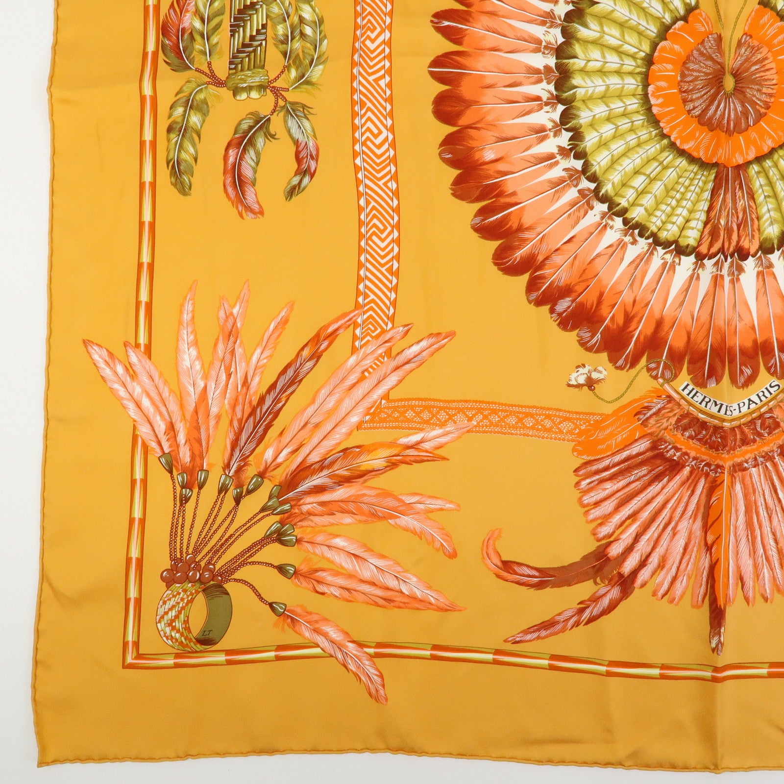 HERMES Carre 90 Silk 100% Scarf BRAZIL Orange Khaki