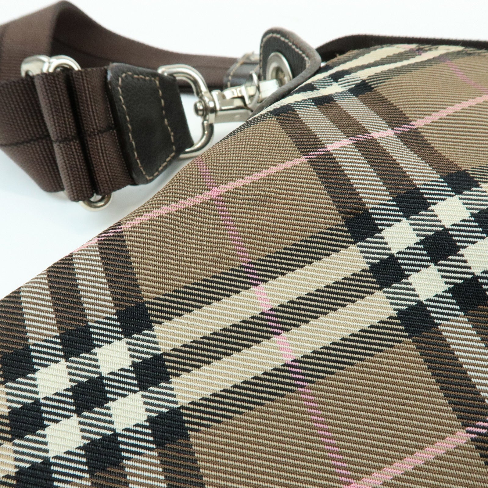 BURBERRY Nova Plaid Blue Label Canvas Leather Shoulder Bag Brown