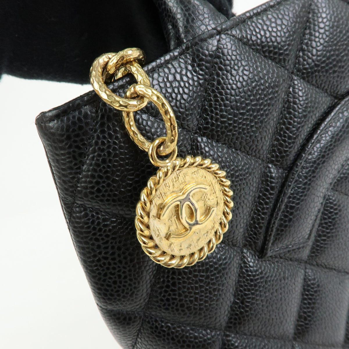 CHANEL Matelasse COCO Mark Caviarskin Medallion Tote Bag Black A01804