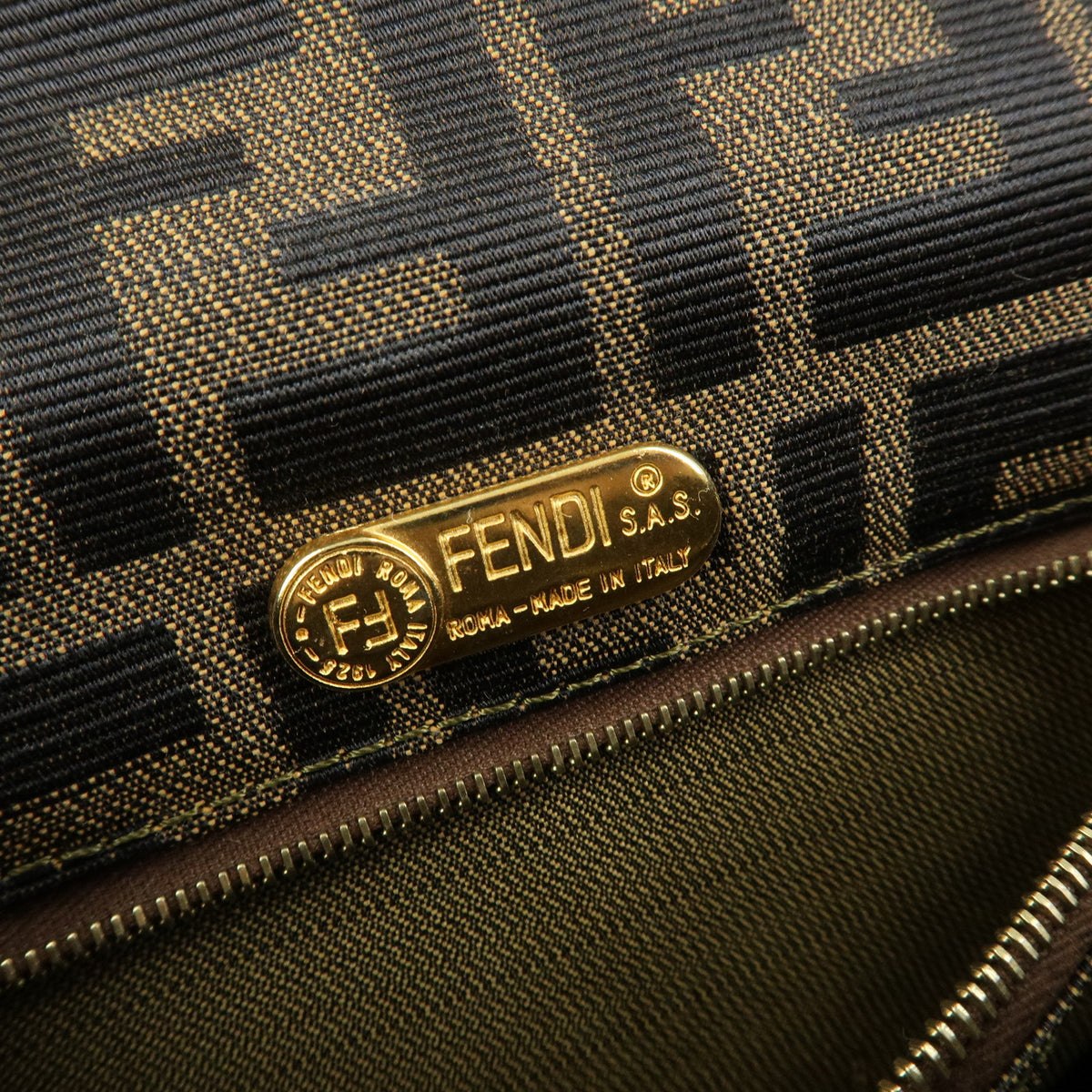 FENDI ZUCCA Jacquard Canvas Leather Shoulder Bag Brown Black