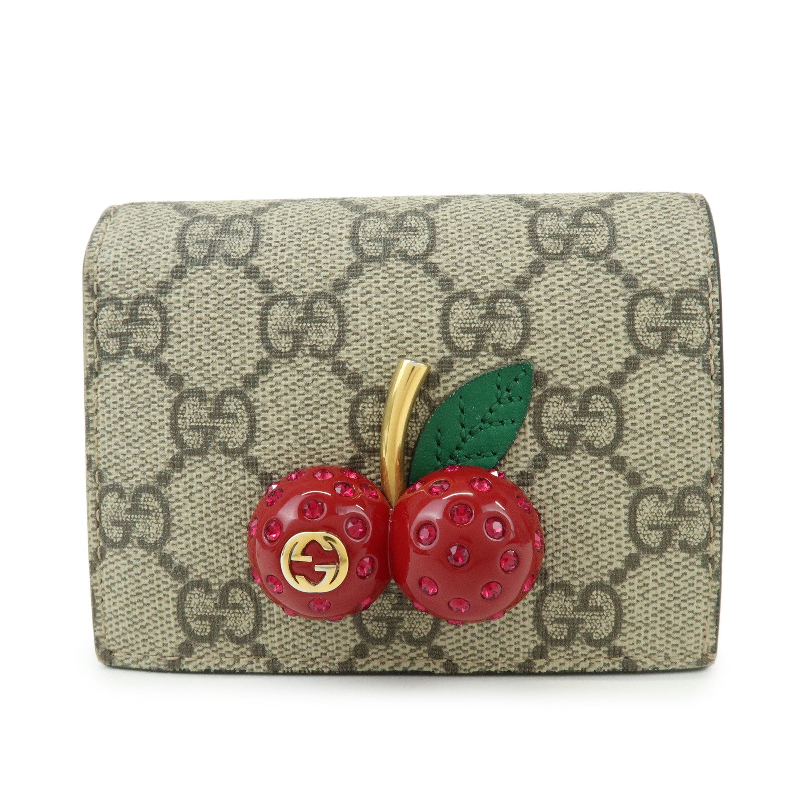 GUCCI Interlocking G Cherry GG Supreme Compact Wallet Beige 476050