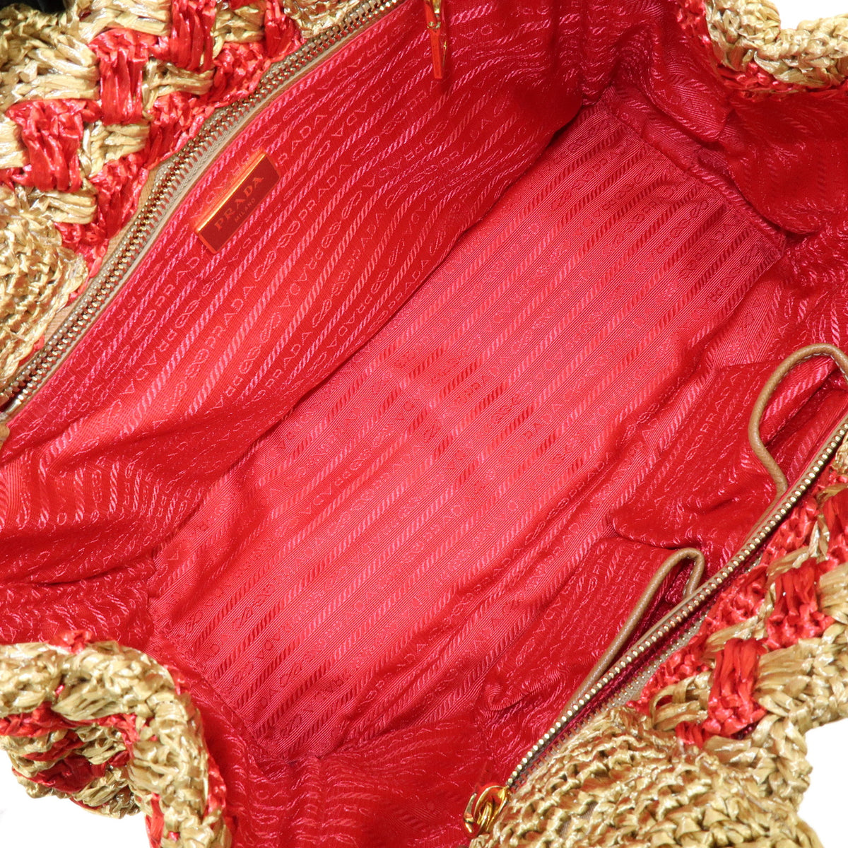 PRADA Canapa Triangle Logo Raffia Tote Bag Hand Bag Natural Red BN2303