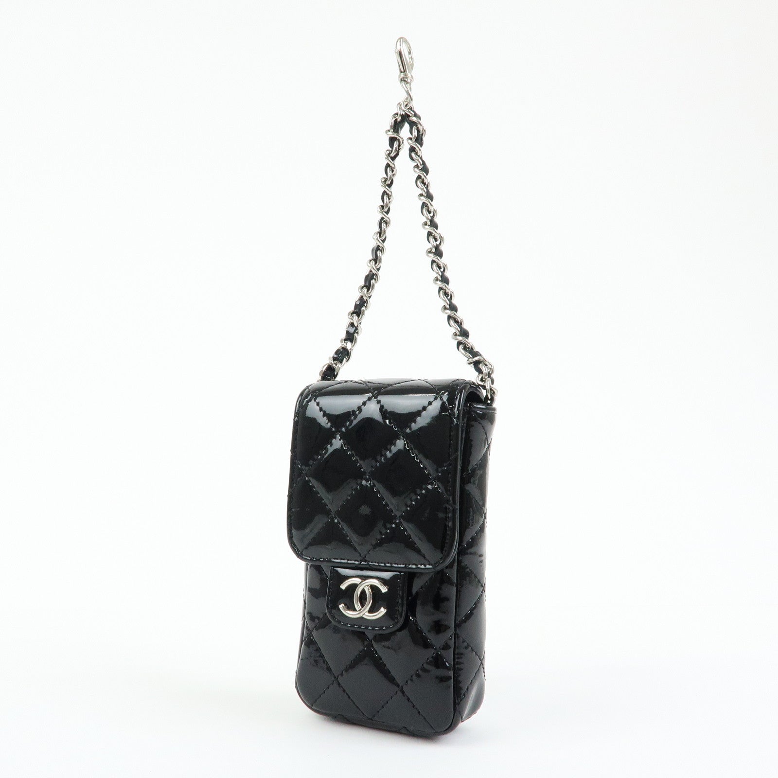 CHANEL Matelasse COCO Mark Patent Leather Phone Case Pouch Black