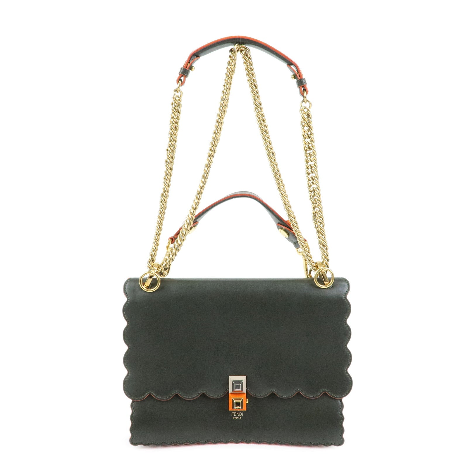 FENDI KAN I Leather 2Way Bag Chain Shoulder Bag Green Orange 8BT283