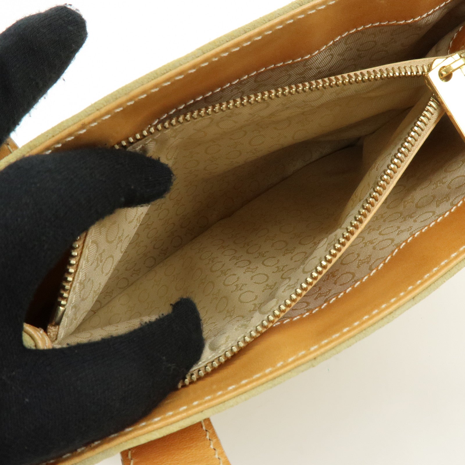 CELINE C Macadam Suede Leather Hand Bag Tote Bag Light Green