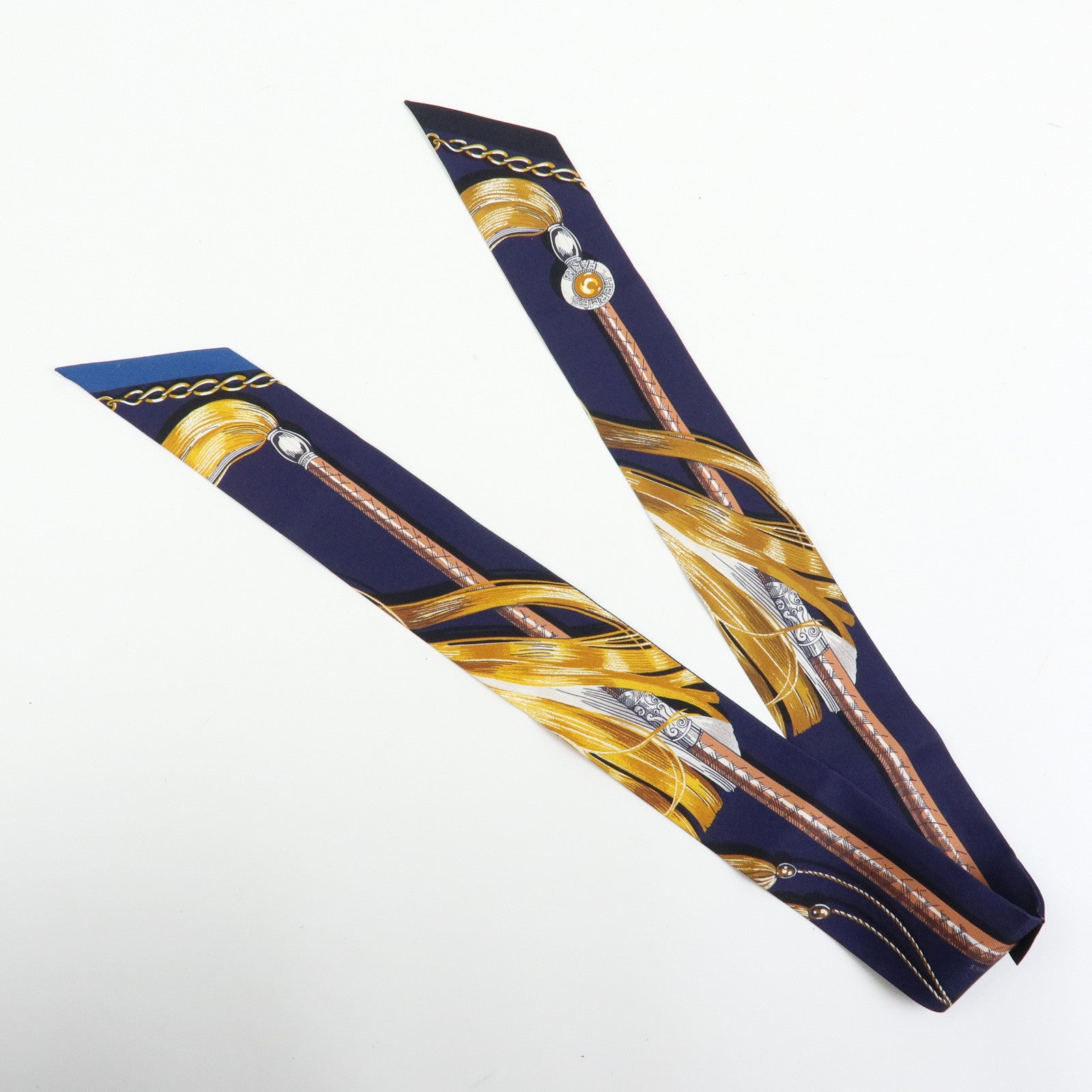 HERMES Twilly Silk 100% Scarf Cavalcades Dressage Whip Print Navy