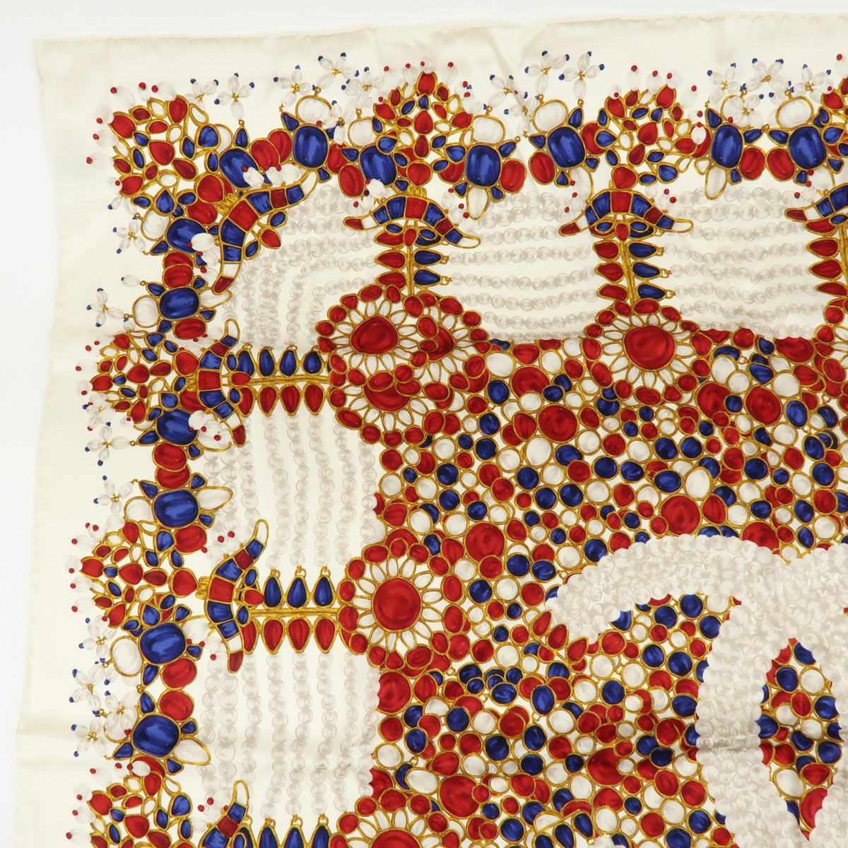 CHANEL COCO Mark Silk 100% Scarf Pearl Jewerly Motif White Red Blue