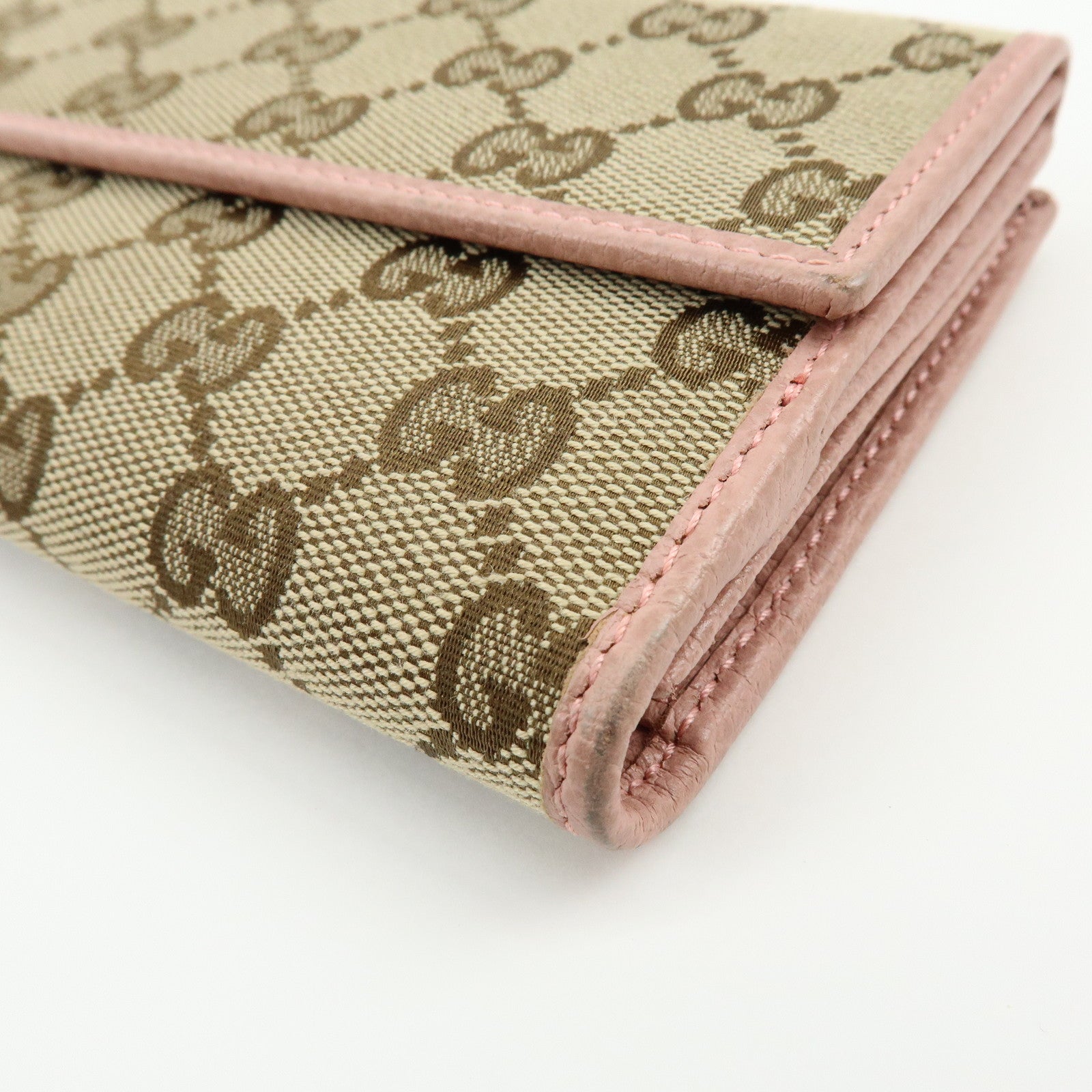 GUCCI GG Canvas Leather W Hook Bi-fold Long Wallet Beige Pink 231841