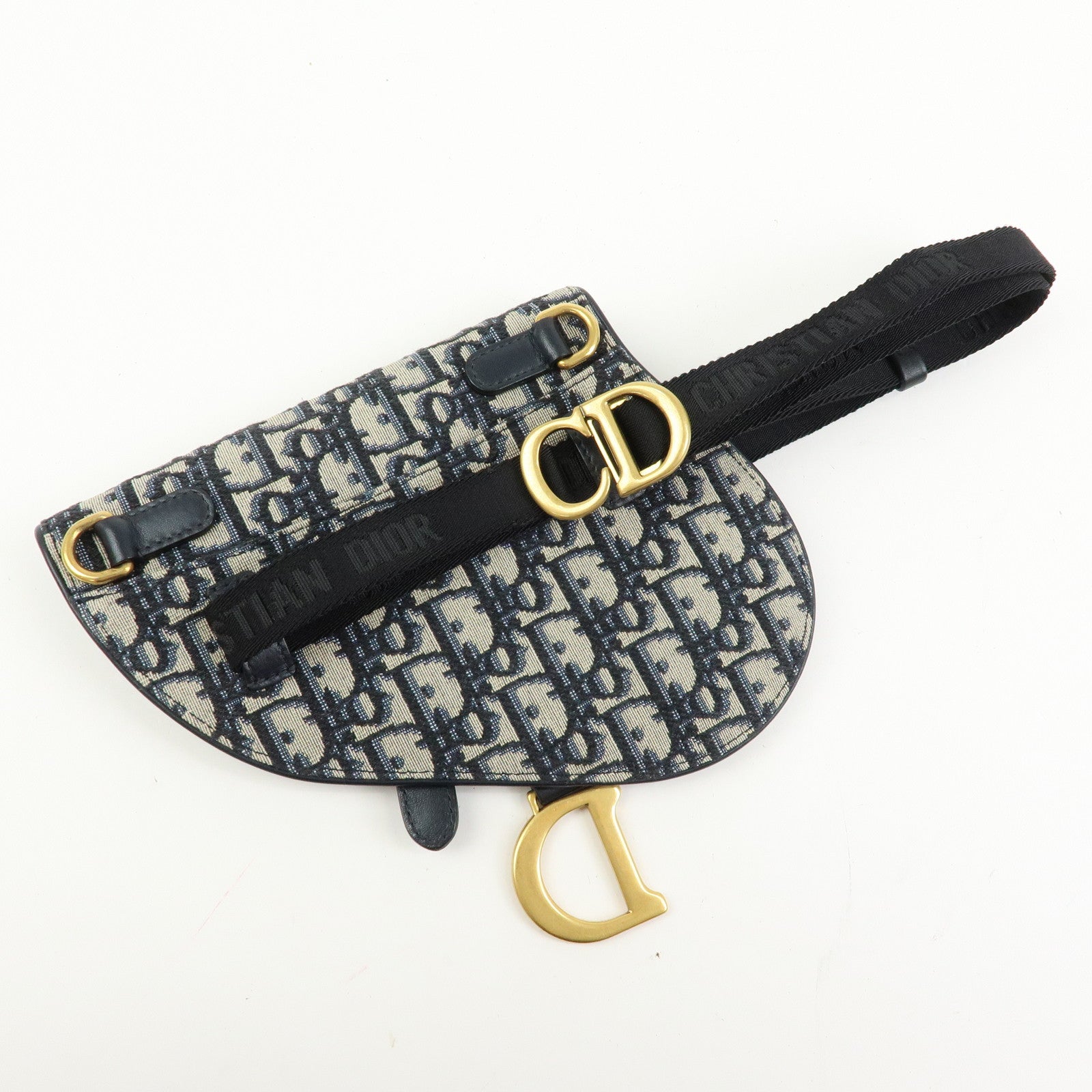 Christian Dior Oblique Jacquard Leather Saddle Bag Waist Body Bag Navy