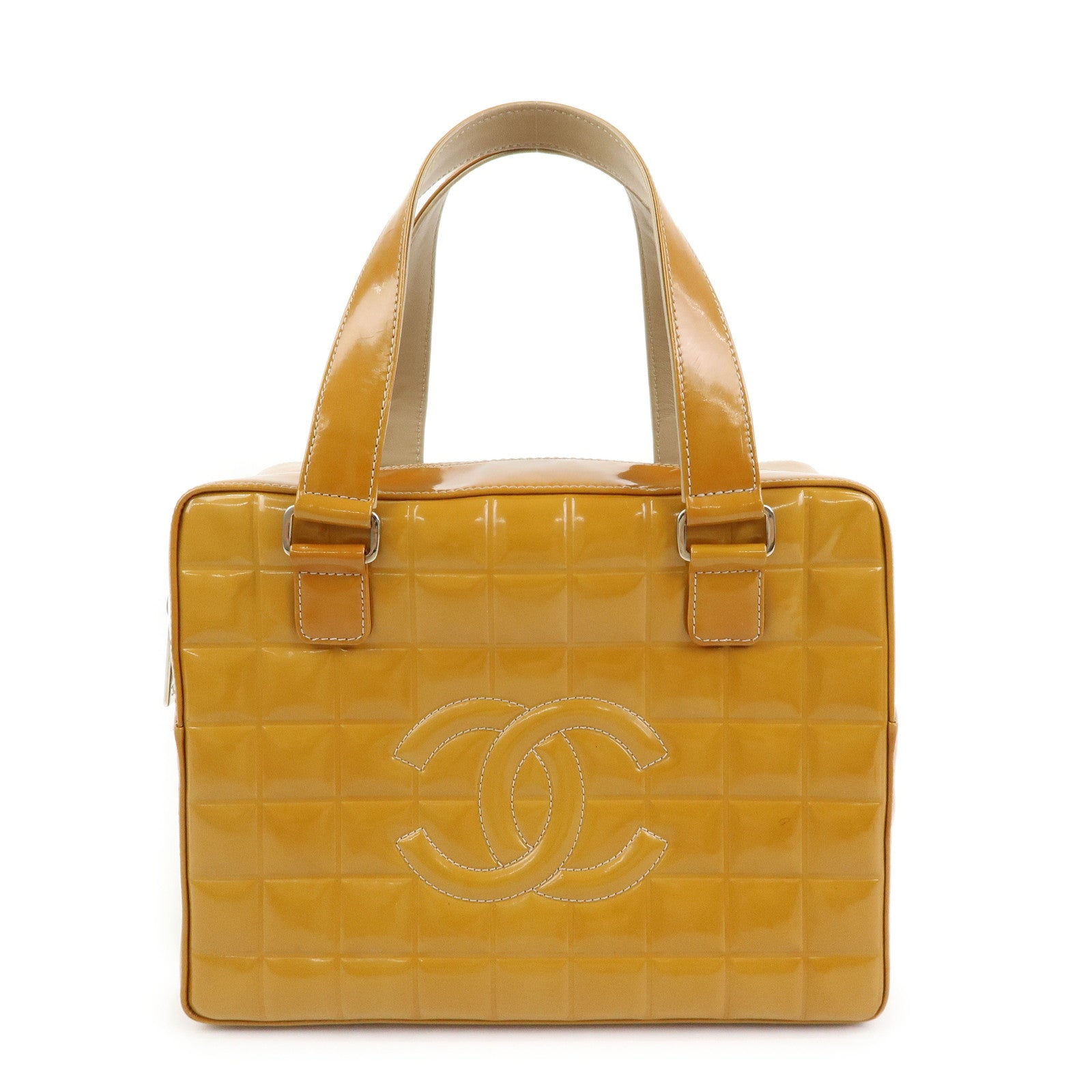 CHANEL Chocolate Bar COCO Mark Patent Leather Boston Bag Hand Bag Camel