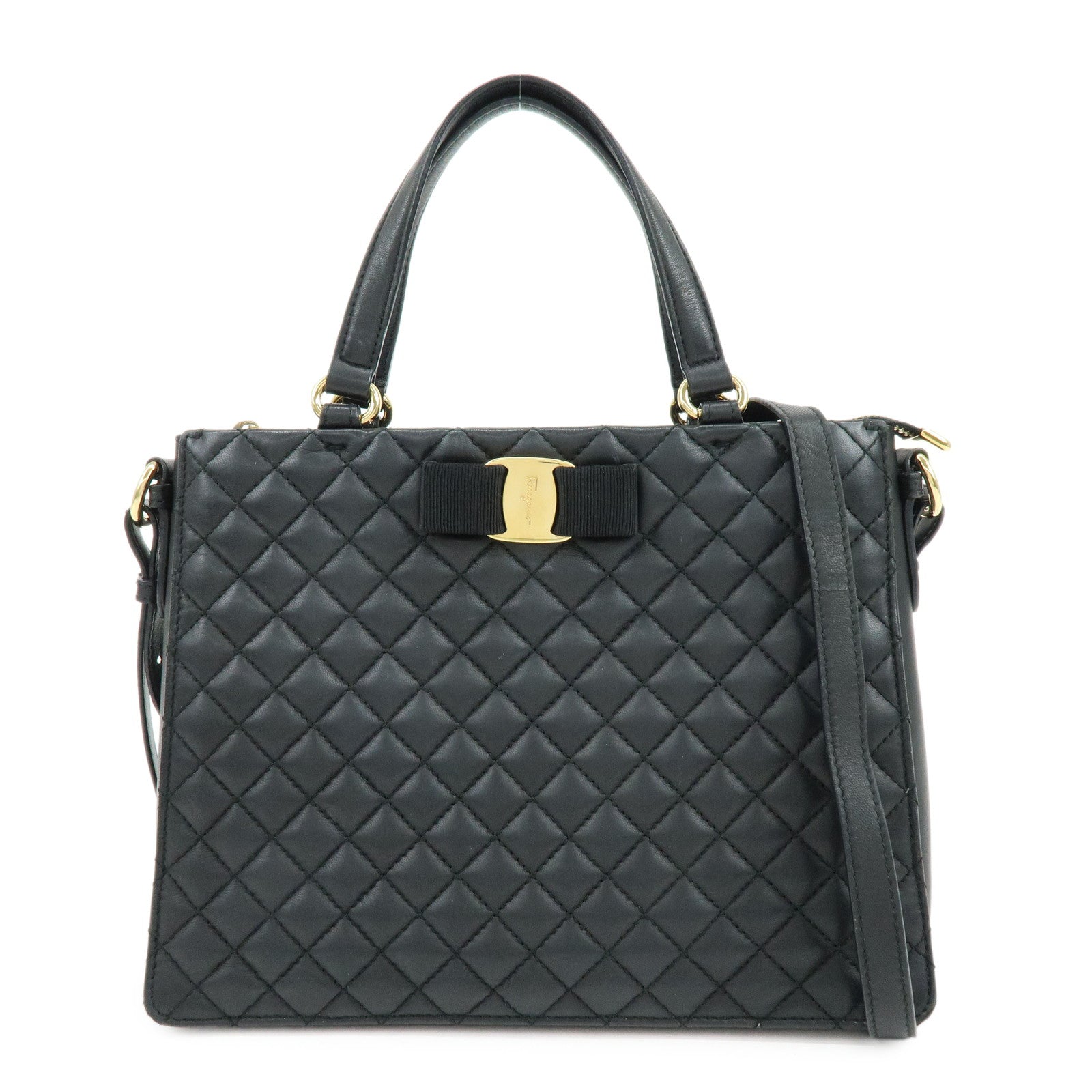 Ferragamo Vara Ribbon Leather 2Way Bag Hand Bag Shoulder Bag Black