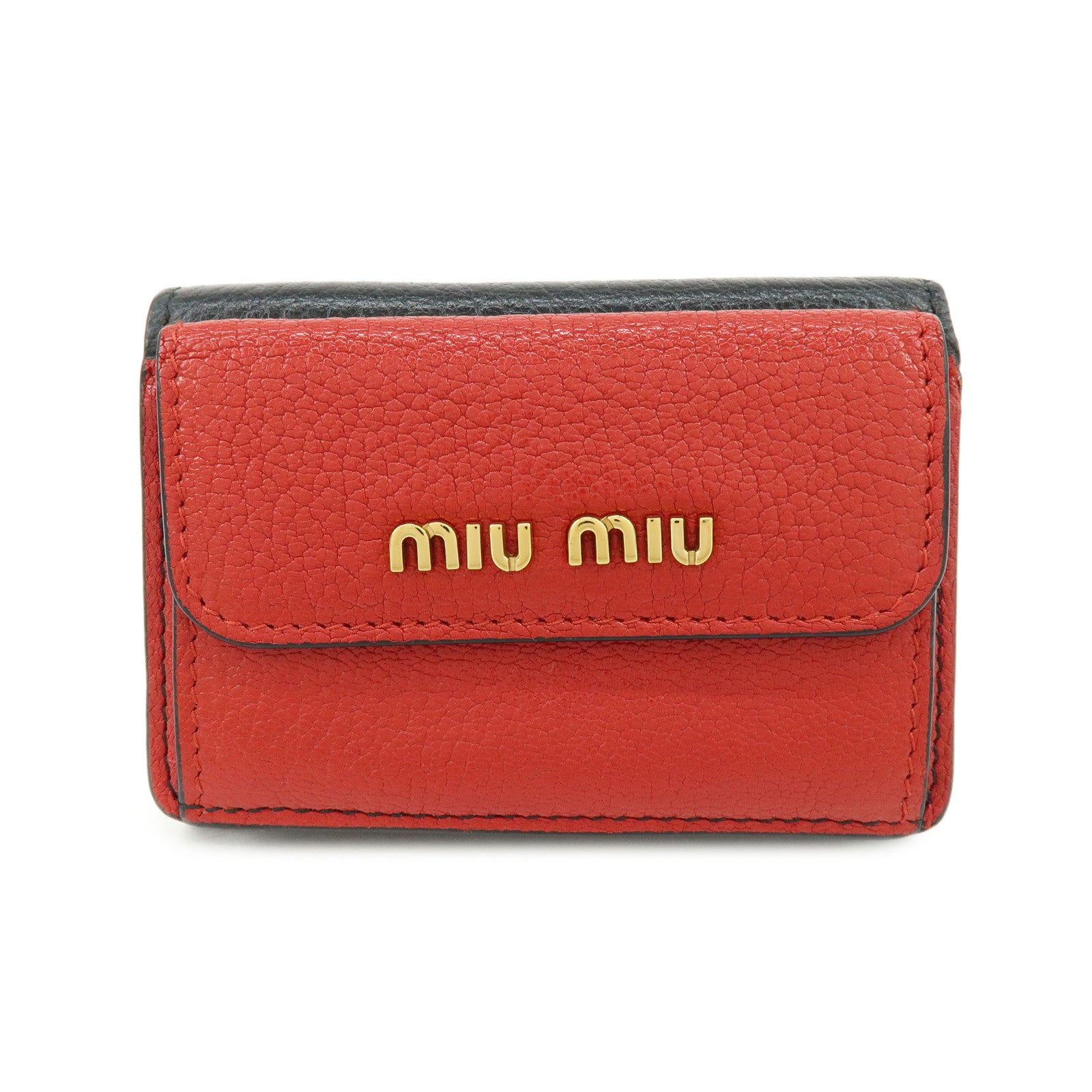 MIU MIU Logo Madras Leather Tri-fold Compact Wallet Red Black 5MH020