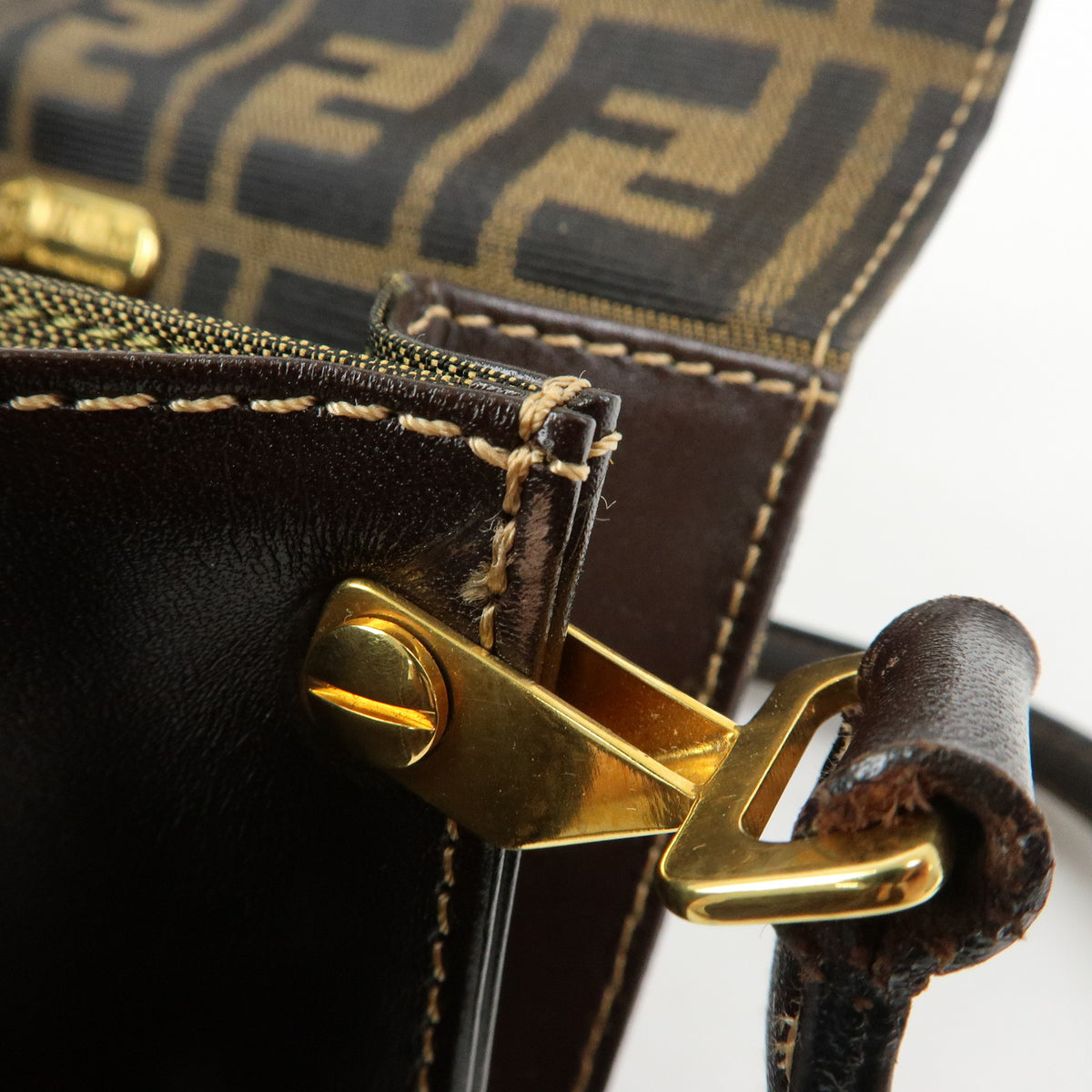 FENDI ZUCCA Jacquard Canvas Leather Shoulder Bag Brown Black