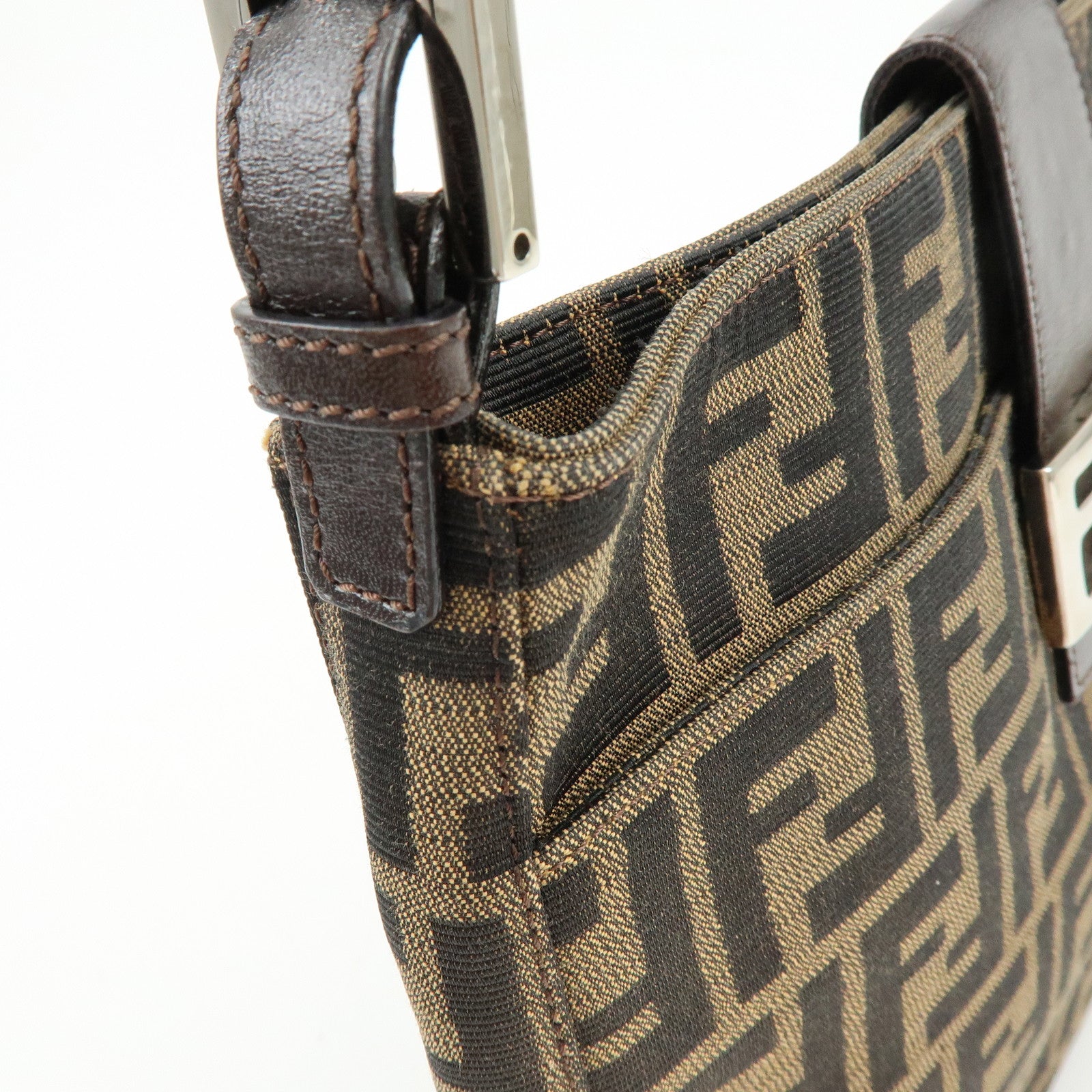 FENDI Zucca Canvas Leather Shoulder Bag Brown Black 26727