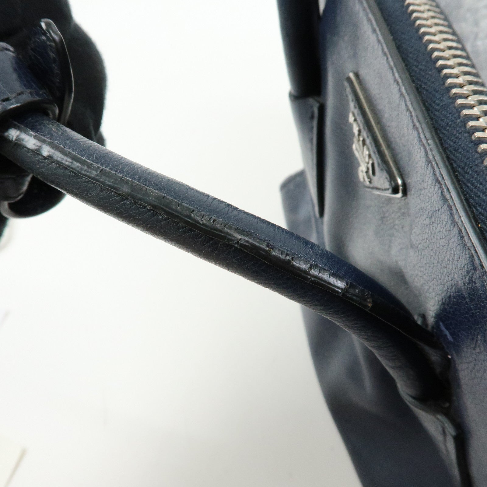 PRADA Triangle Logo Leather 2Way Bag Tote Bag Hand Bag Navy B2625M