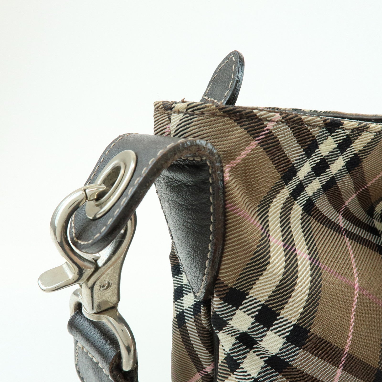 BURBERRY Nova Plaid Blue Label Canvas Leather Shoulder Bag Brown