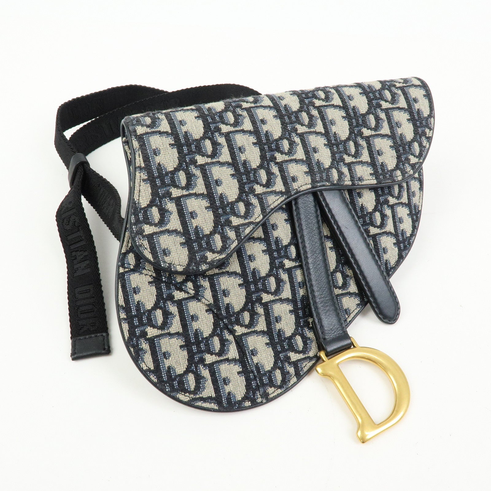 Christian Dior Oblique Jacquard Leather Saddle Bag Waist Body Bag Navy