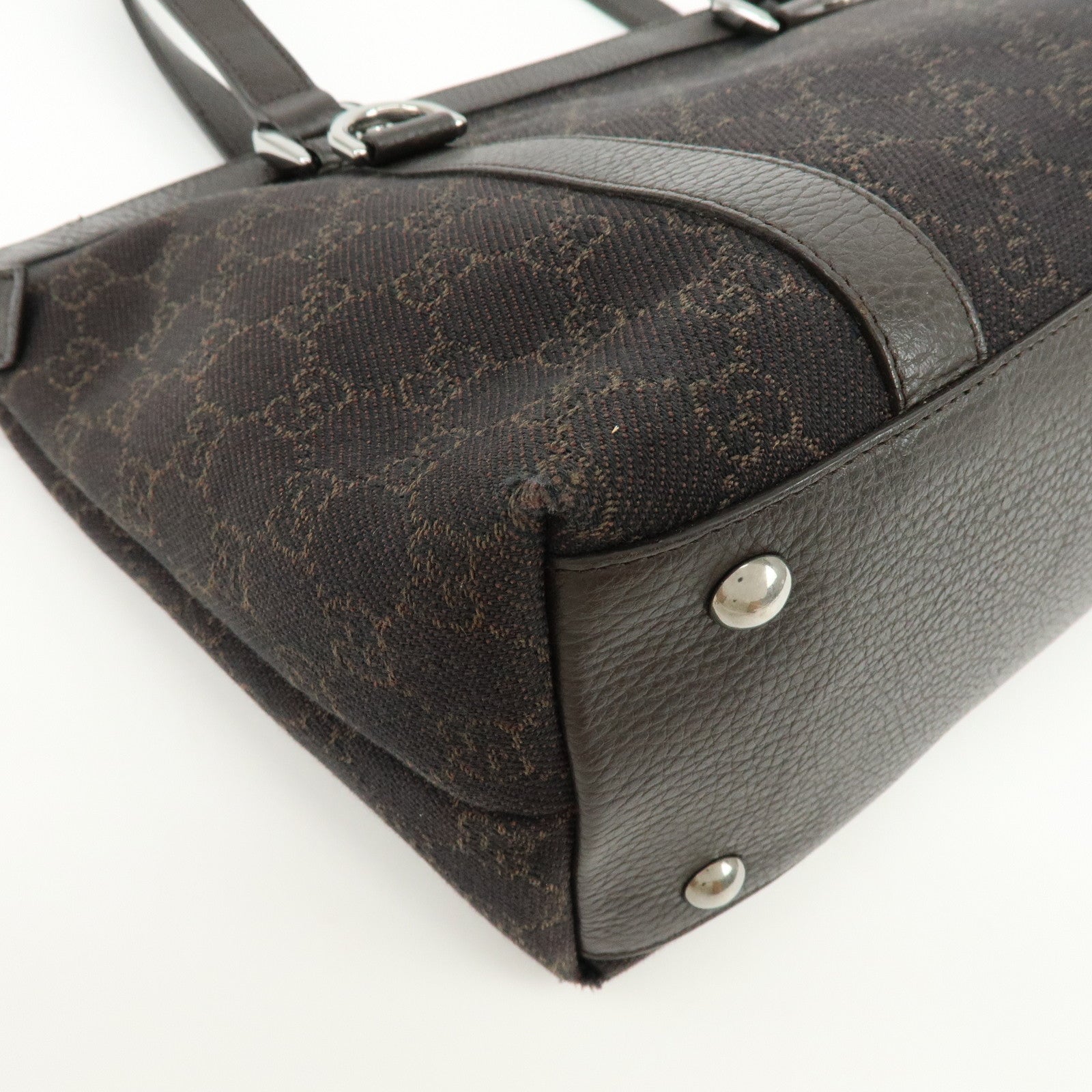GUCCI Abbey GG Denim Leather Tote Bag Hand Bag Dark Brown 268640