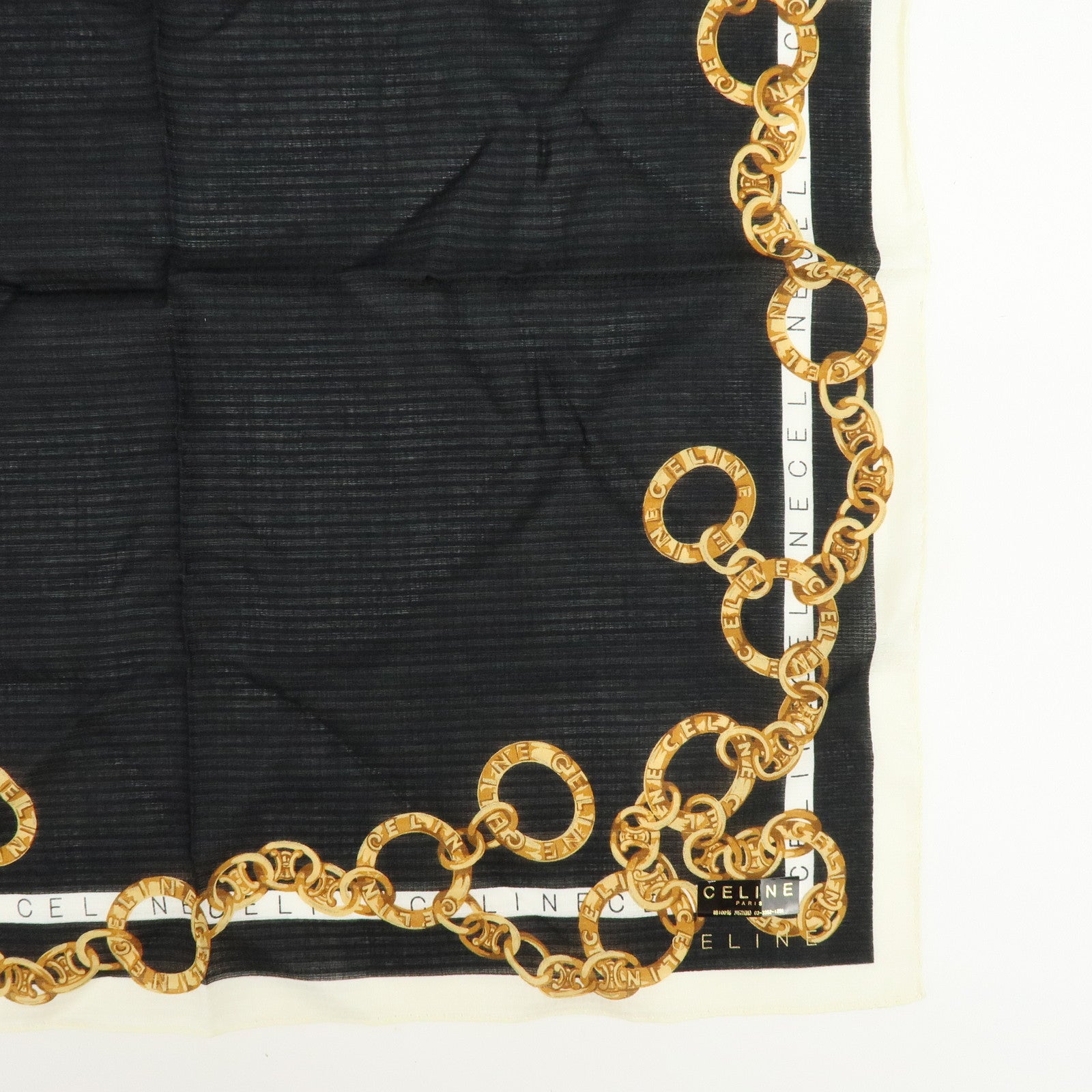 CELINE Set of 2 Silk Cotton Handkerchief Scarf Chain Motif Black Gold
