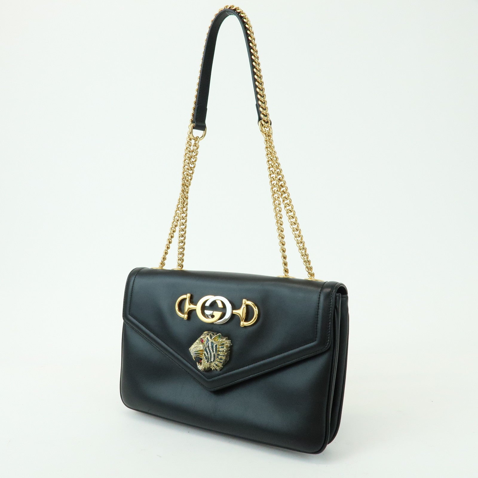 GUCCI Raja Calf Leather Rhinestone Chain Shoulder Bag Black 537241