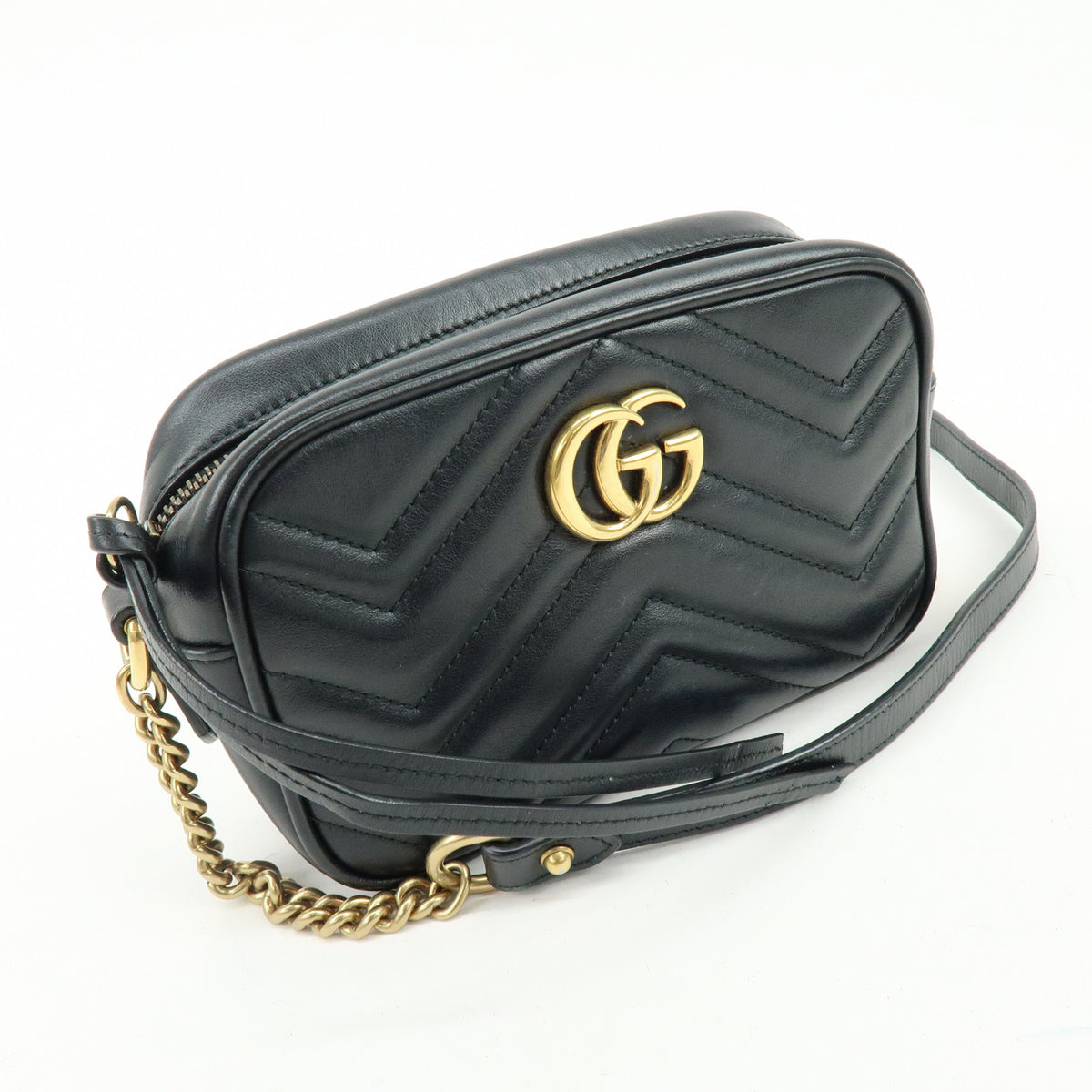 GUCCI GG Marmont Leather Chevron Shoulder Crossbody Bag Black 448065