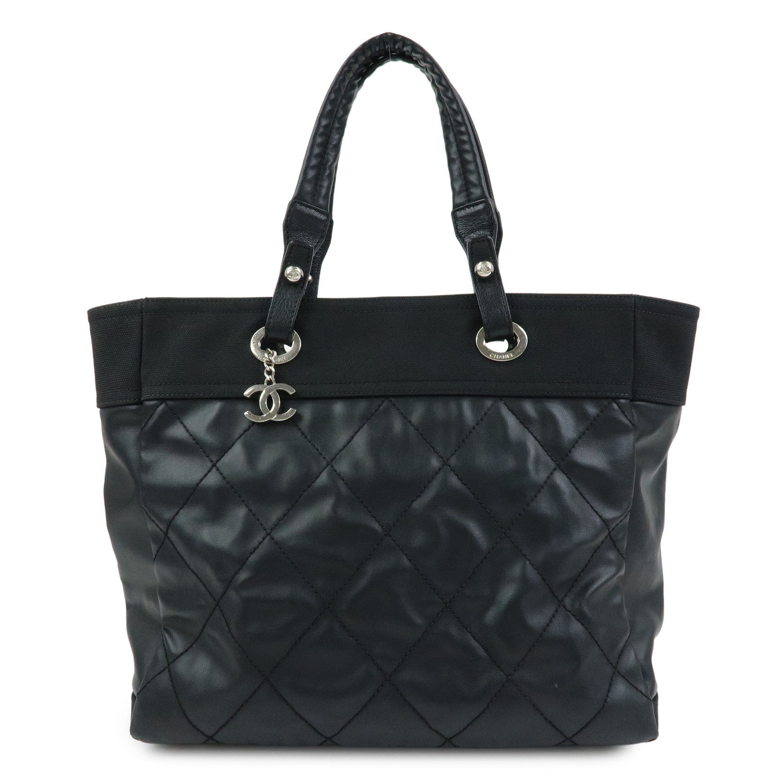 CHANEL Paris Biarritz MM Leather Canvas Tote Bag Hand Bag Black A34209