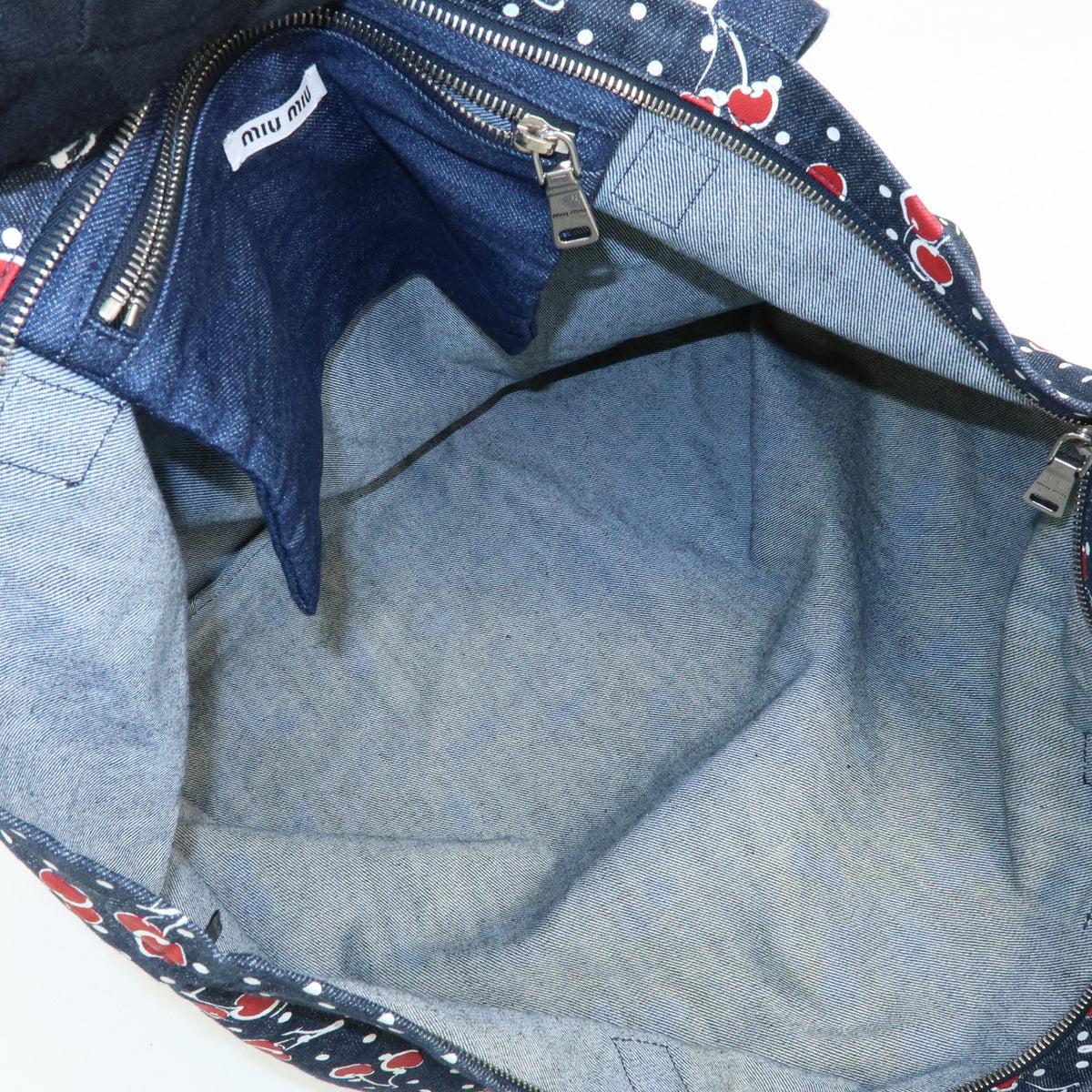 MIU MIU Denim 2Way Bag Tote Shoulder Bag Dots Cherry Print Blue 5BG108