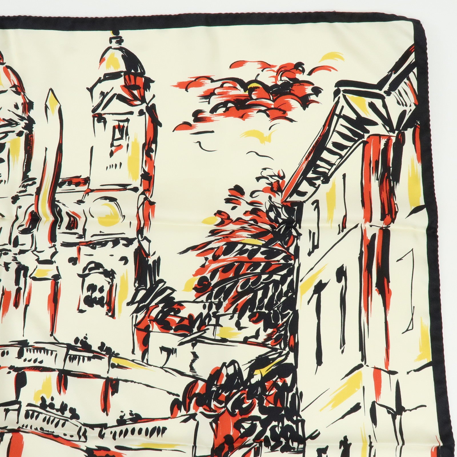PRADA Silk Townscape Print Scarf Shawl White Black Red Yellow