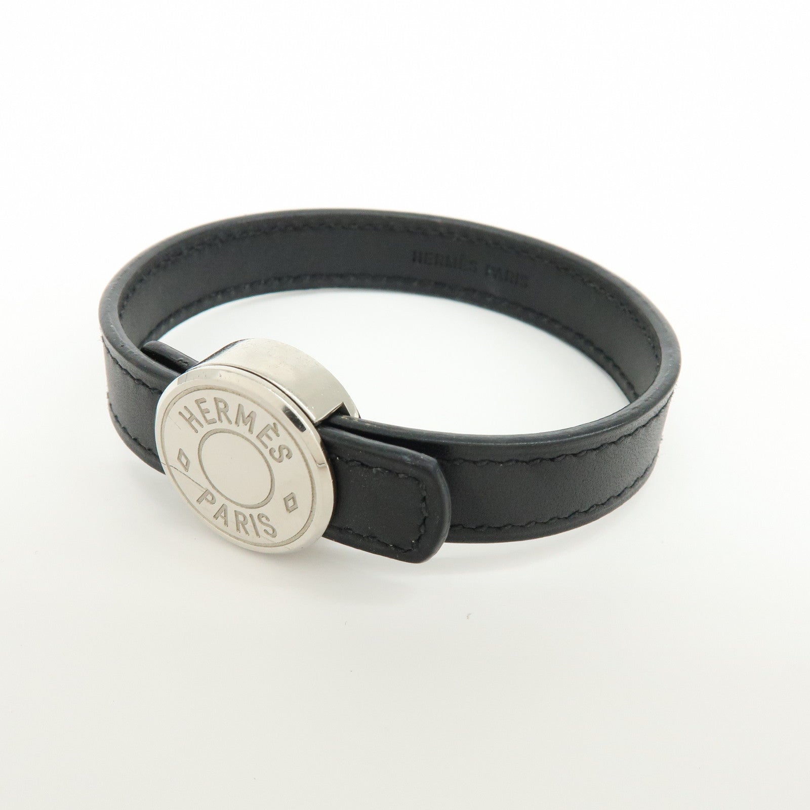 HERMES Serie Looping Leather Metal Bracelet Brown Black Silver