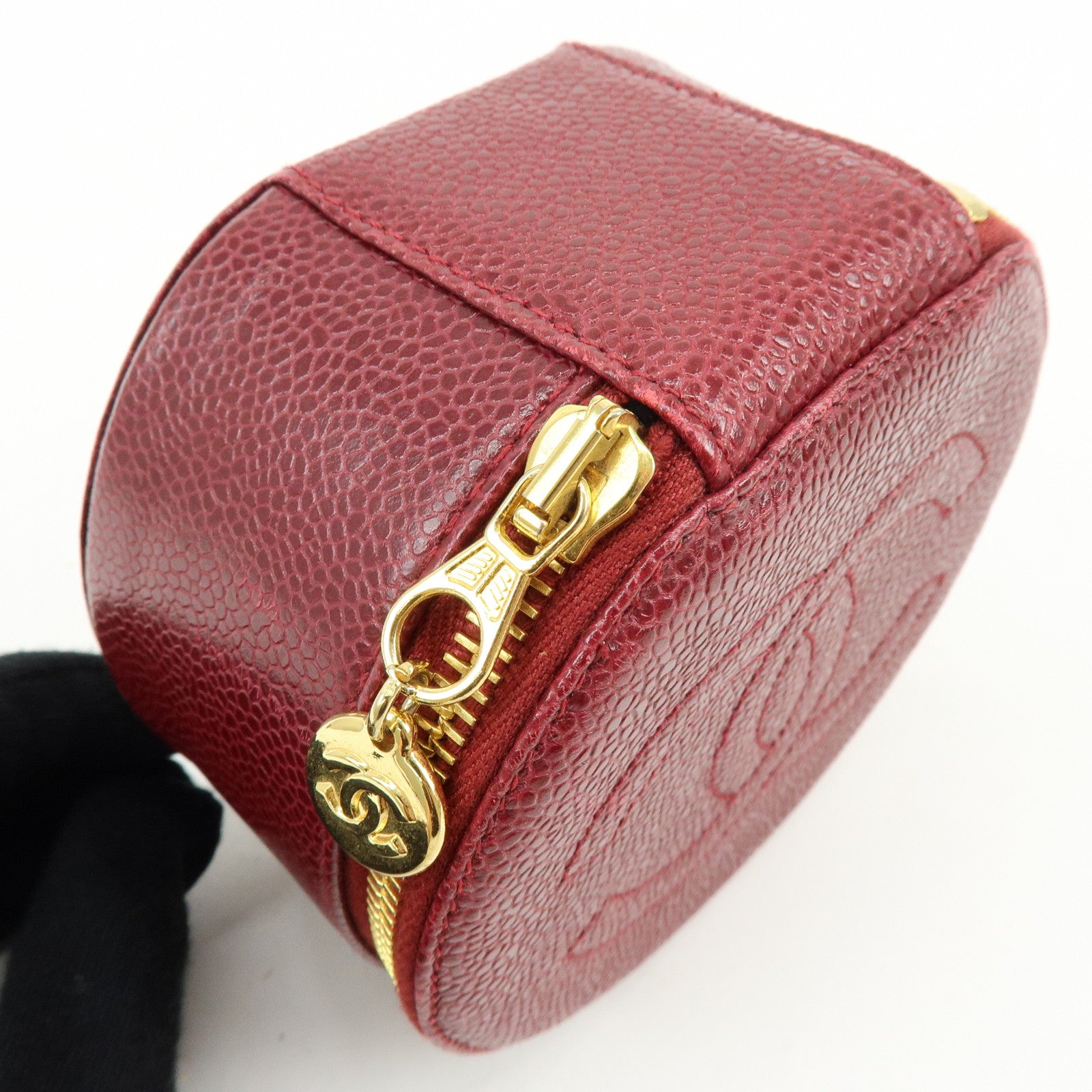 CHANEL COCO Mark Caviarskin Cosmetic Pouch Jewelry Case Bourdeaux Gold