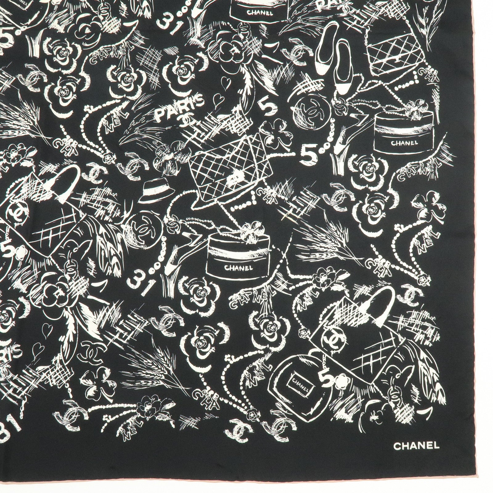 CHANEL Silk 100% Scarf Iconographic Pattern Black White Pink