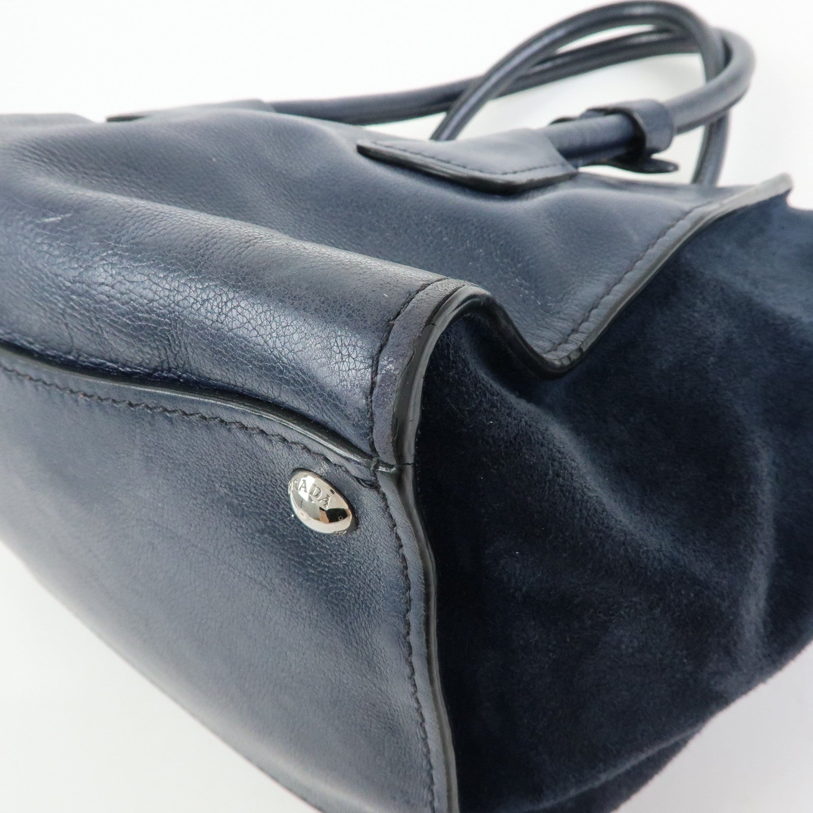 PRADA Triangle Logo Leather 2Way Bag Tote Bag Hand Bag Navy B2625M