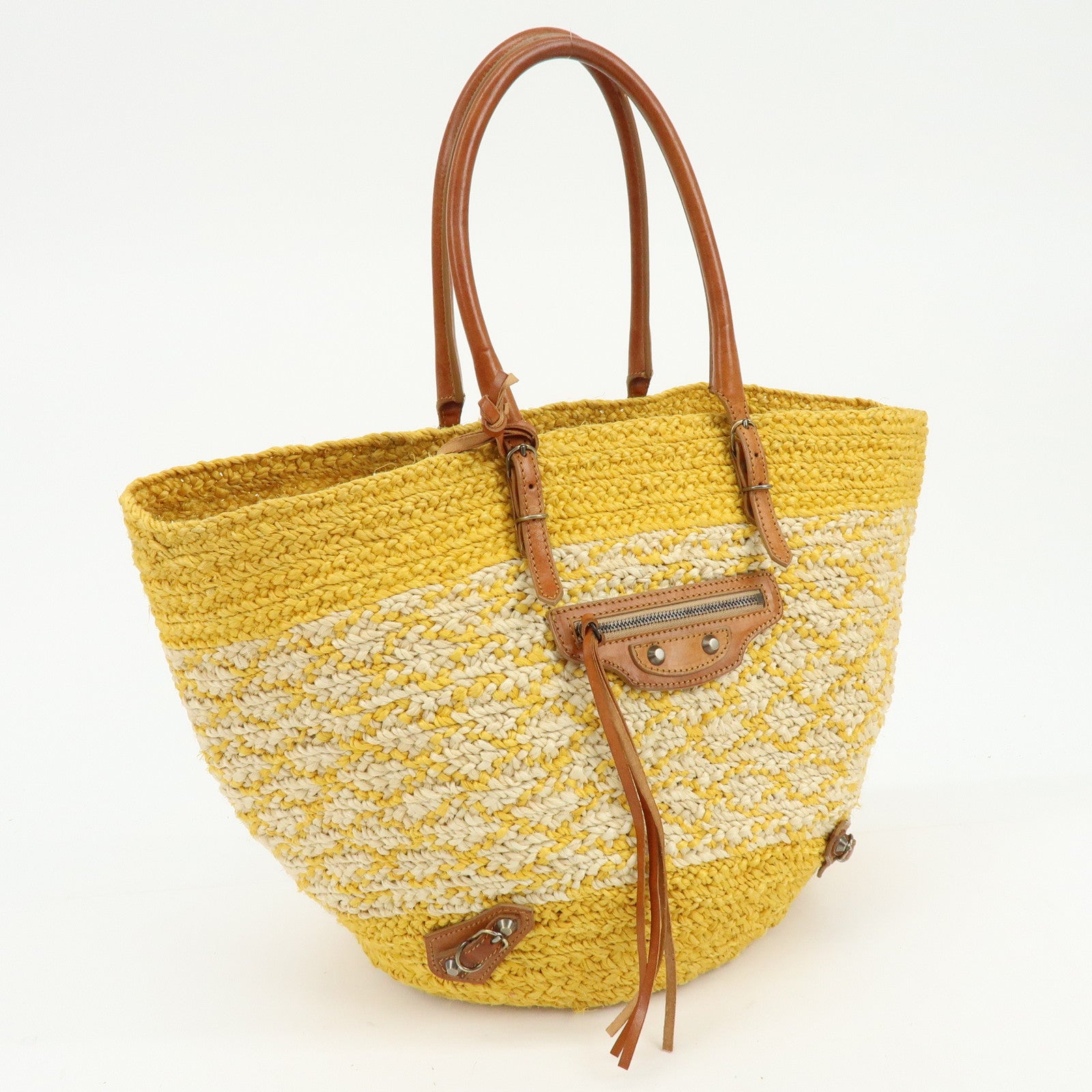 BALENCIAGA Raffia Leather Panier Tote Bag Yellow Natural 286370