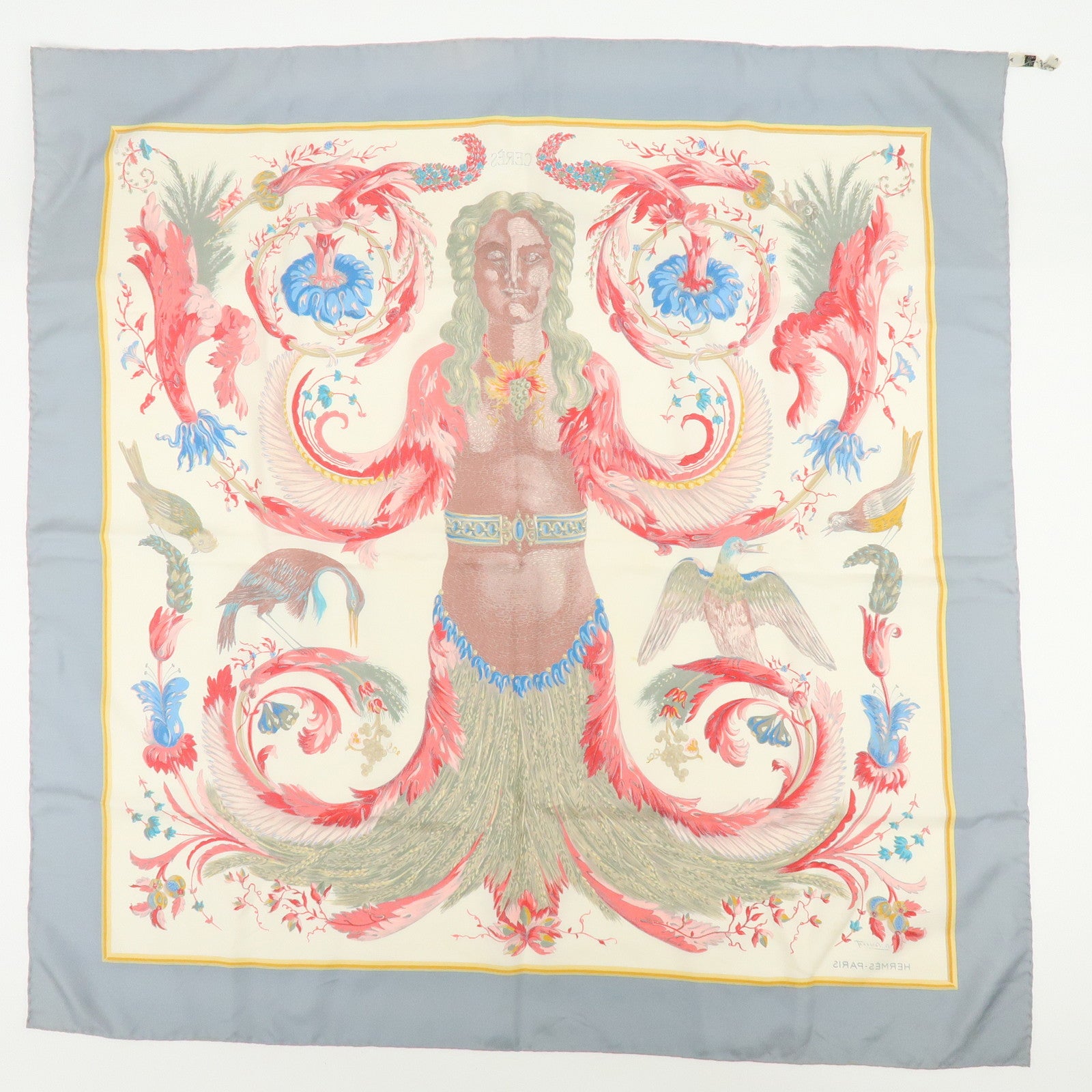 HERMES Carre 90 Silk 100% Scarf CERES Gray Red
