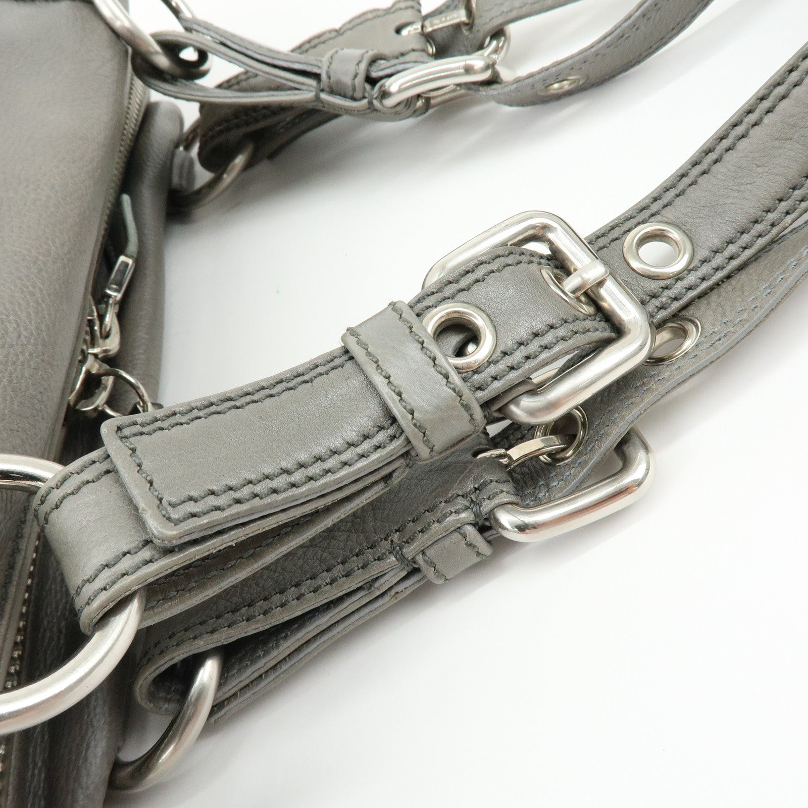 PRADA Triangle Logo Leather Boston Bag Shoulder Bag Gray BR2630