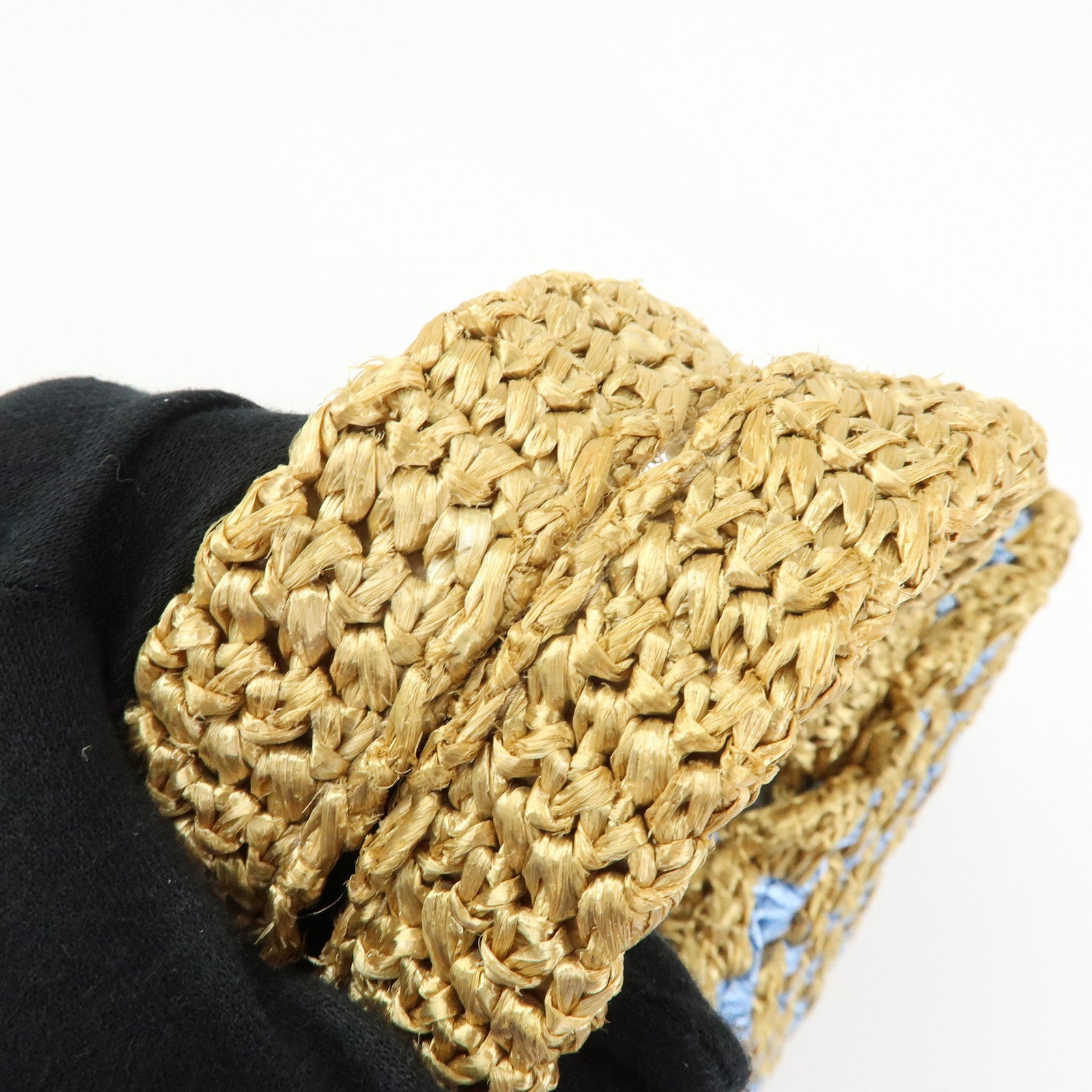 PRADA Triangle Logo Canapa Raffia Tote Bag Hand Bag Beige Blue