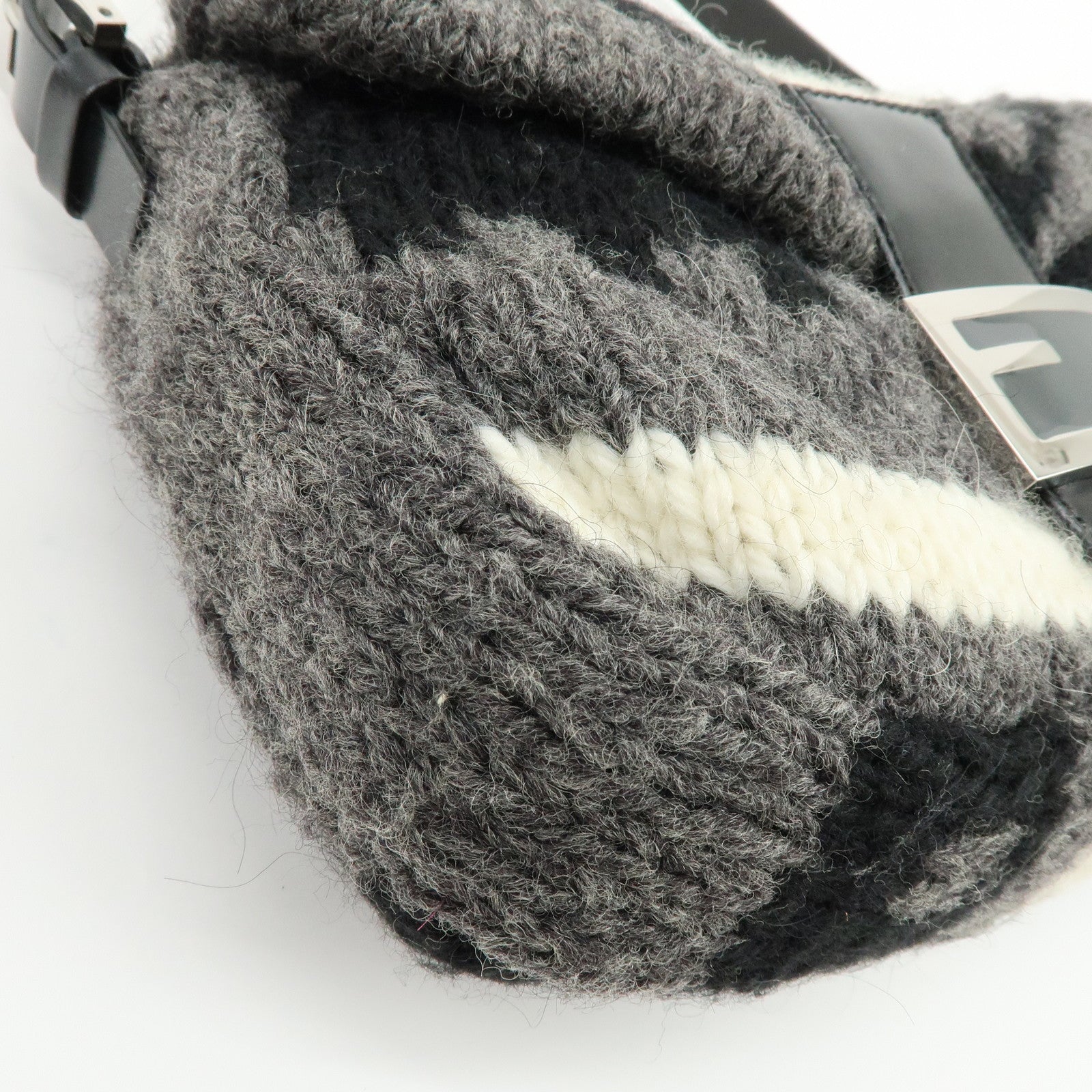 FENDI Mamma Baquette Wool Leather Shoulder Bag Black Grey White 16059