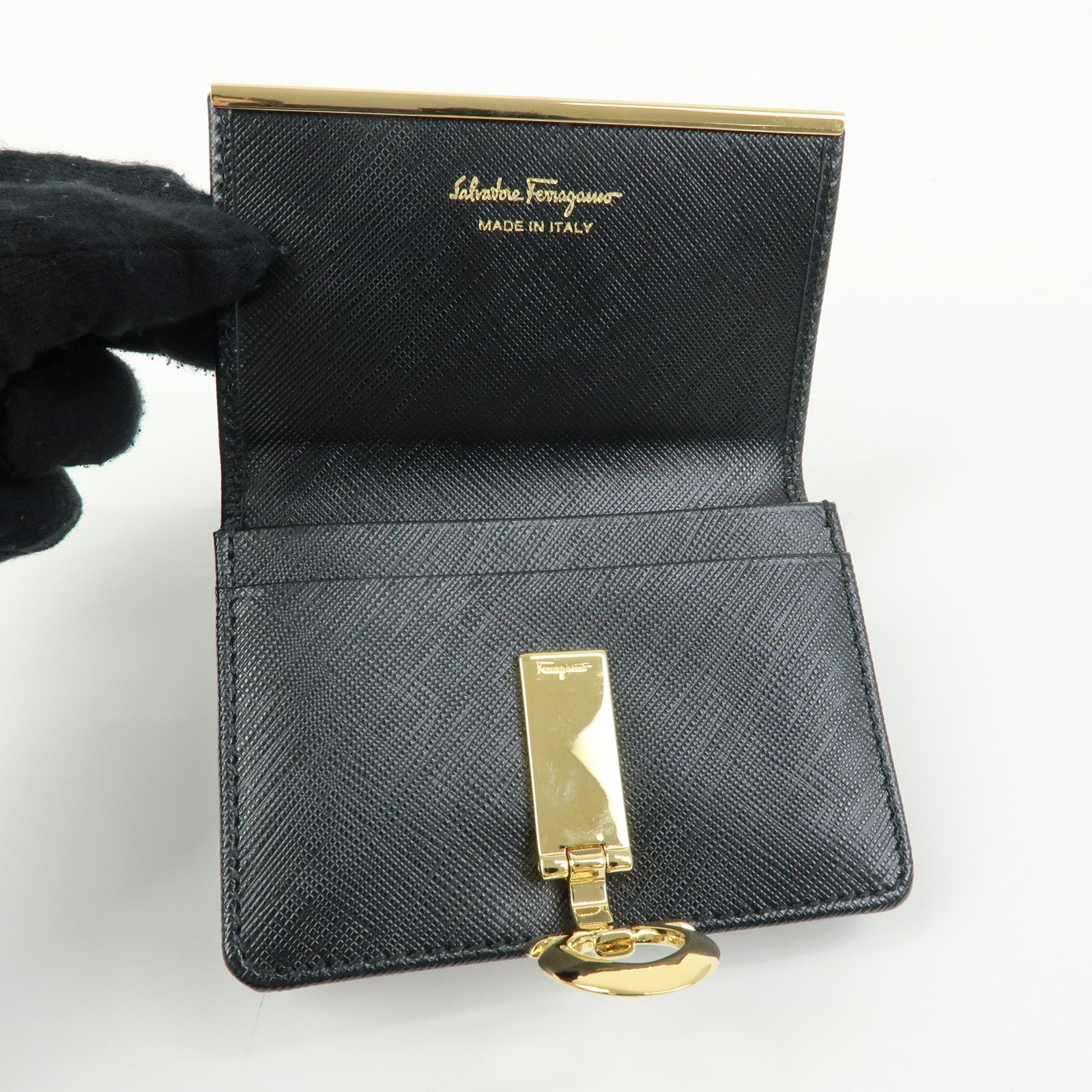 Ferragamo Gancini Embossed Leather Card Case Card Holder Black