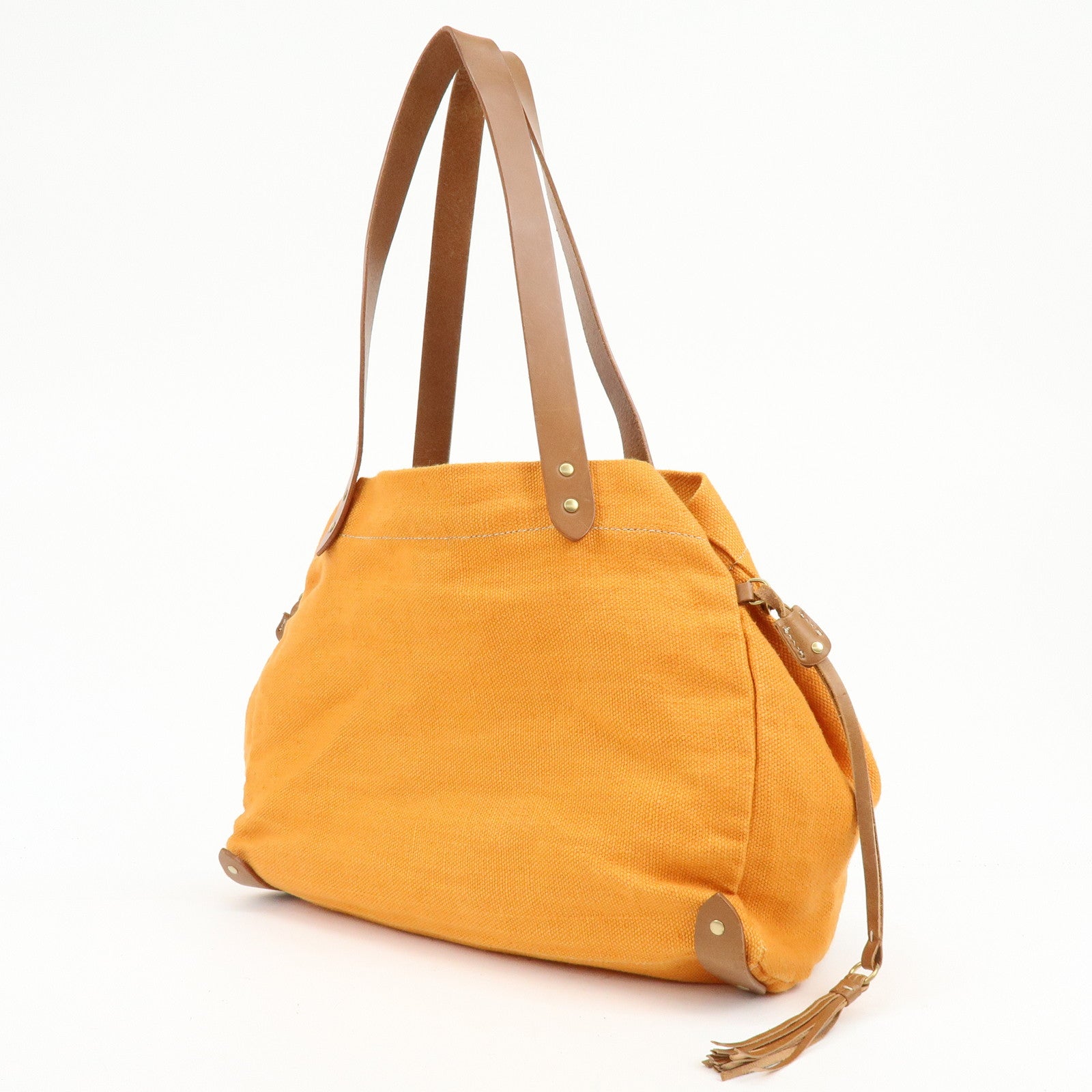 MIU MIU Canvas Leather Tote Bag Shoulder Bag Tassel Orange Brown
