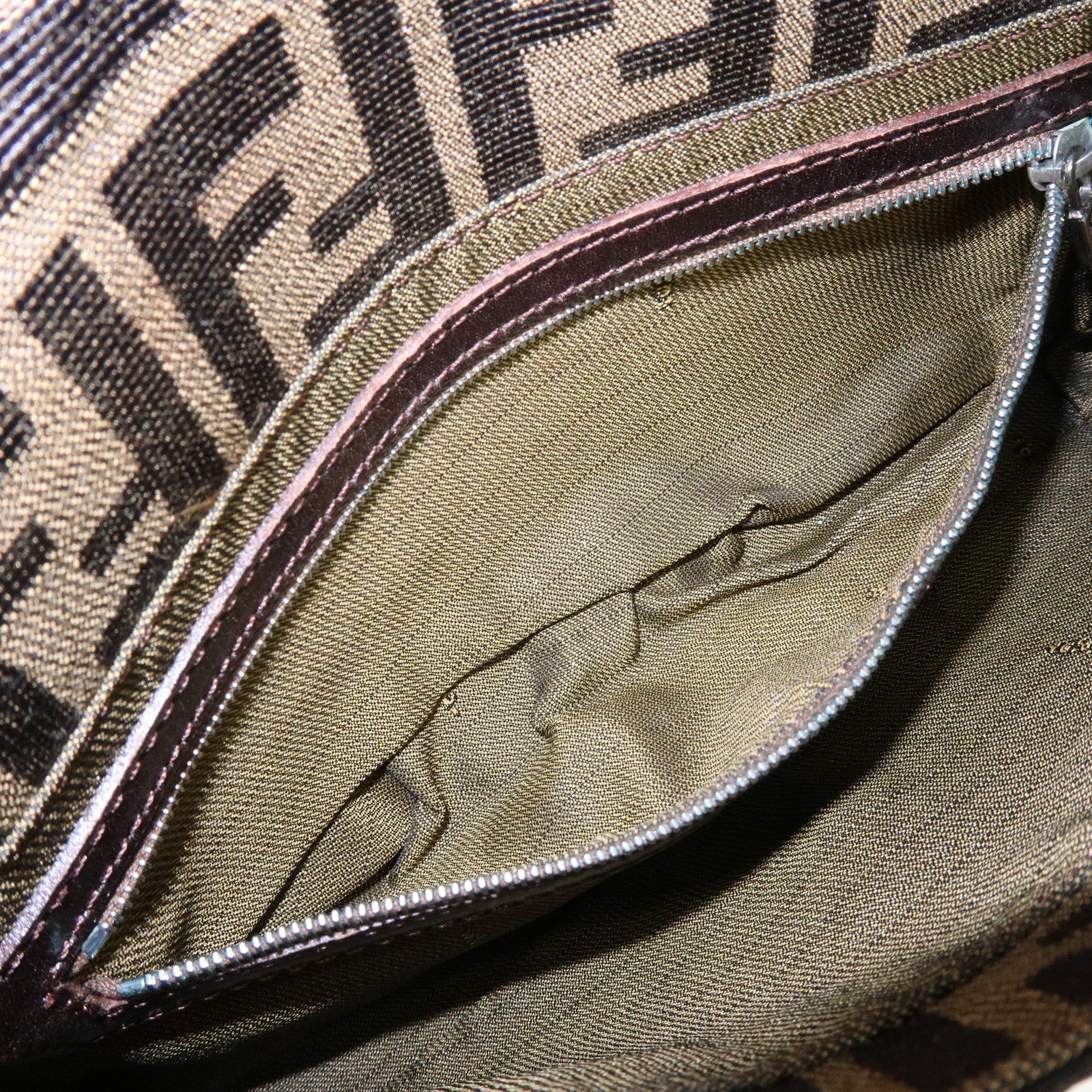 FENDI Mamma Baguette Jacquard Canvas Leather Shoulder Bag Brown 26424