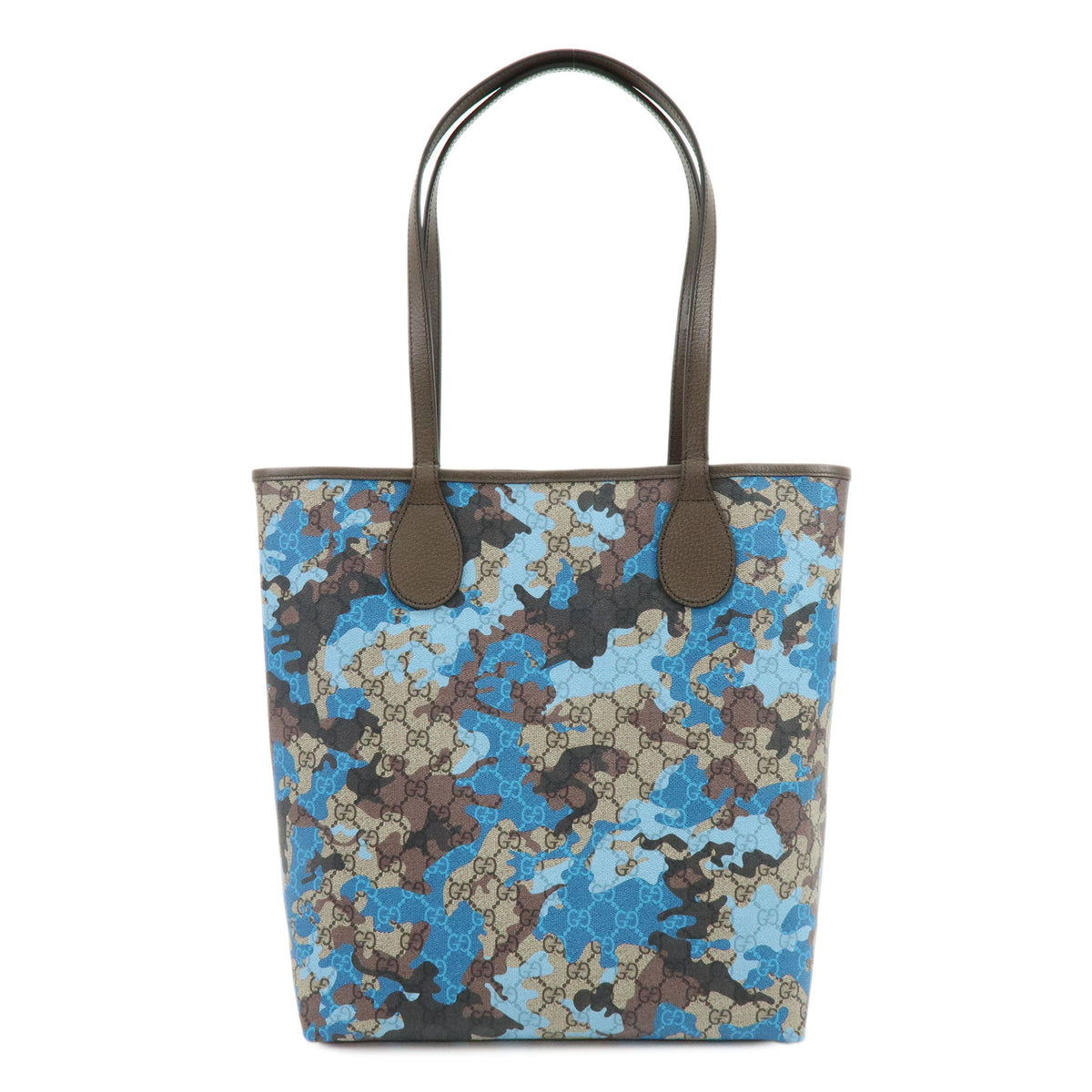 GUCCI Double G GG Supreme Leather Tote Bag Camouflage Beige Blue 858016
