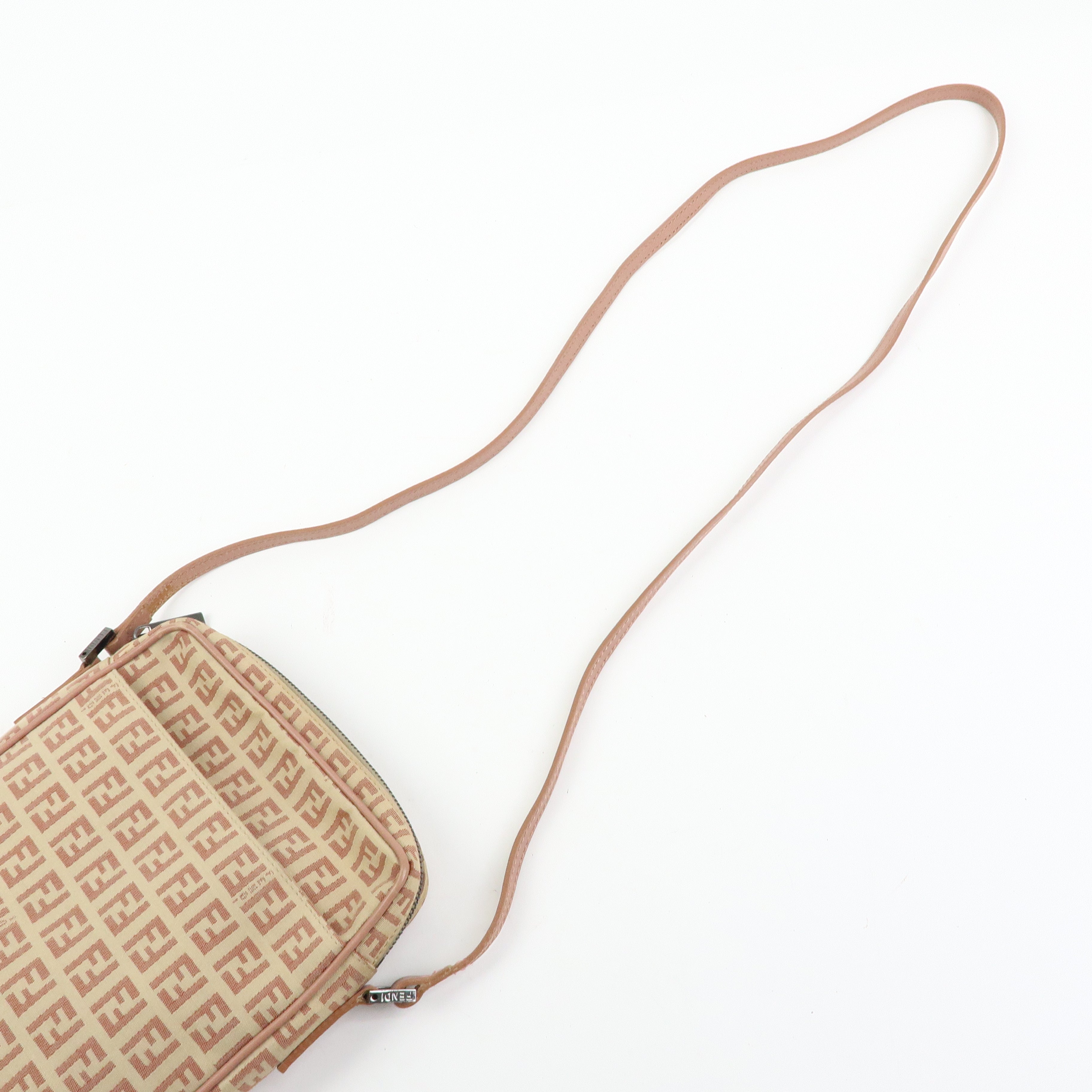FENDI Zucchino Canvas Leather Shoulder Crossbody Bag Beige Pink 8BT053