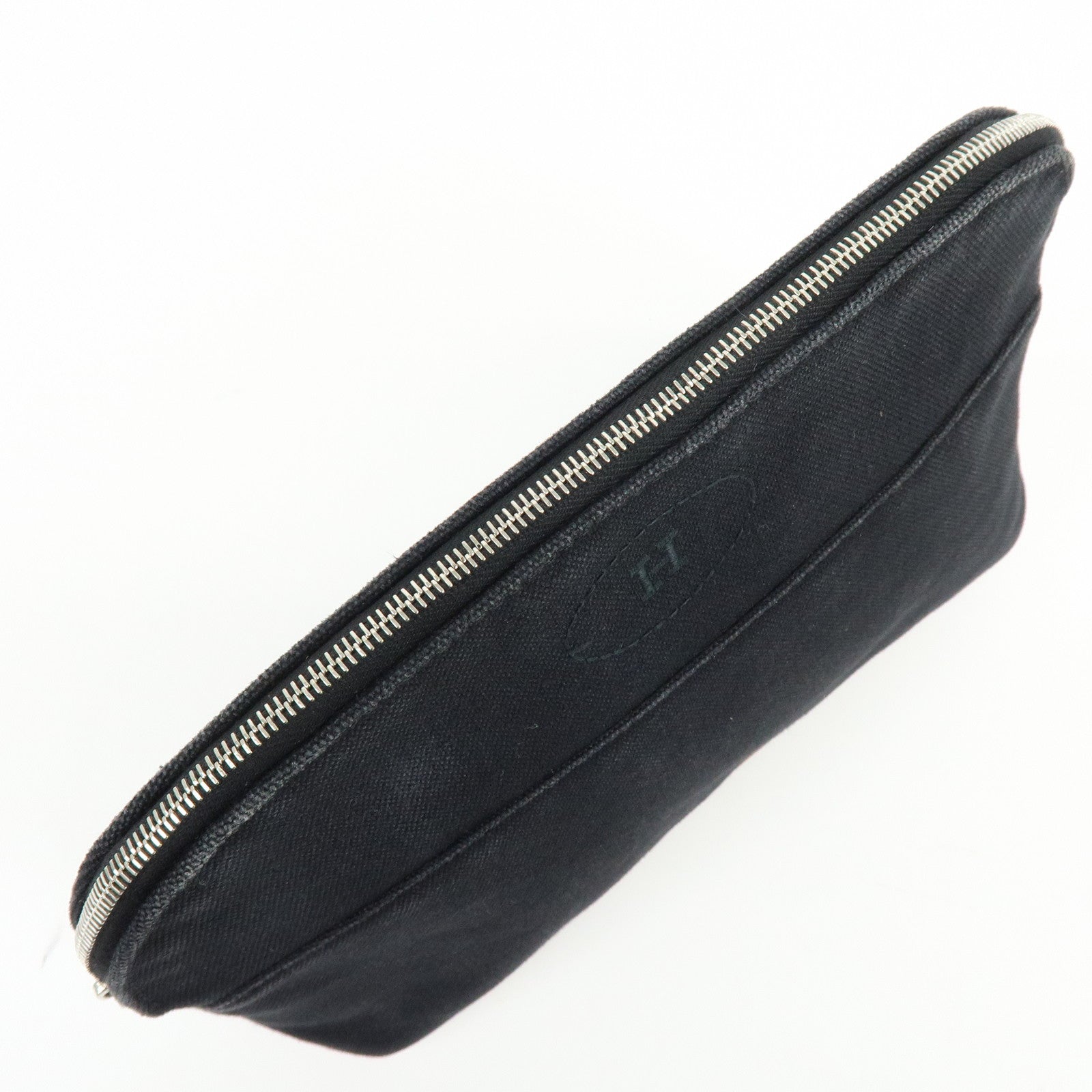 HERMES Bolide Pouch MM Cotton Leather Cosmetic Bag Black Brown