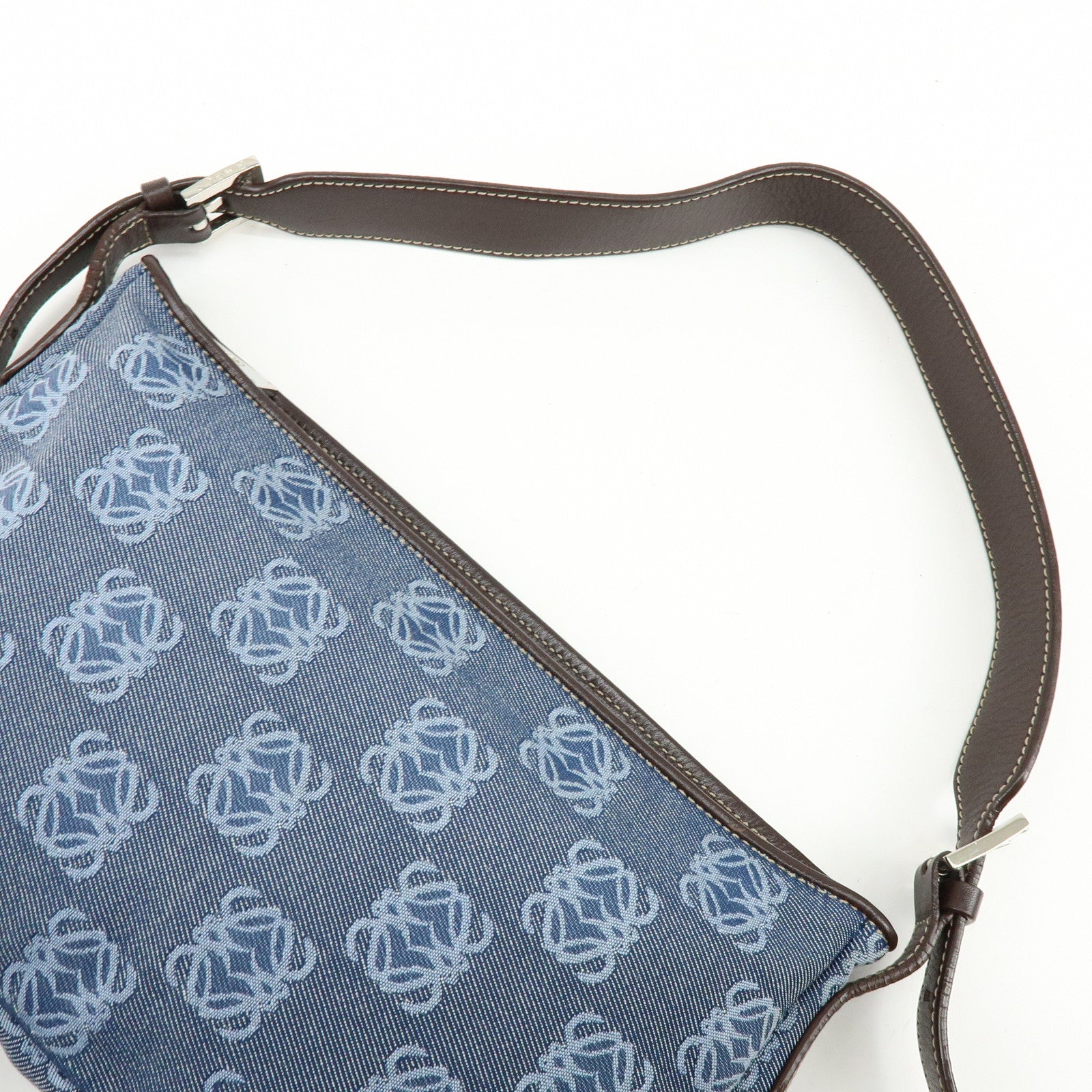 LOEWE Repeat Anagram Denim Leather Shoulder Bag Denim Brown