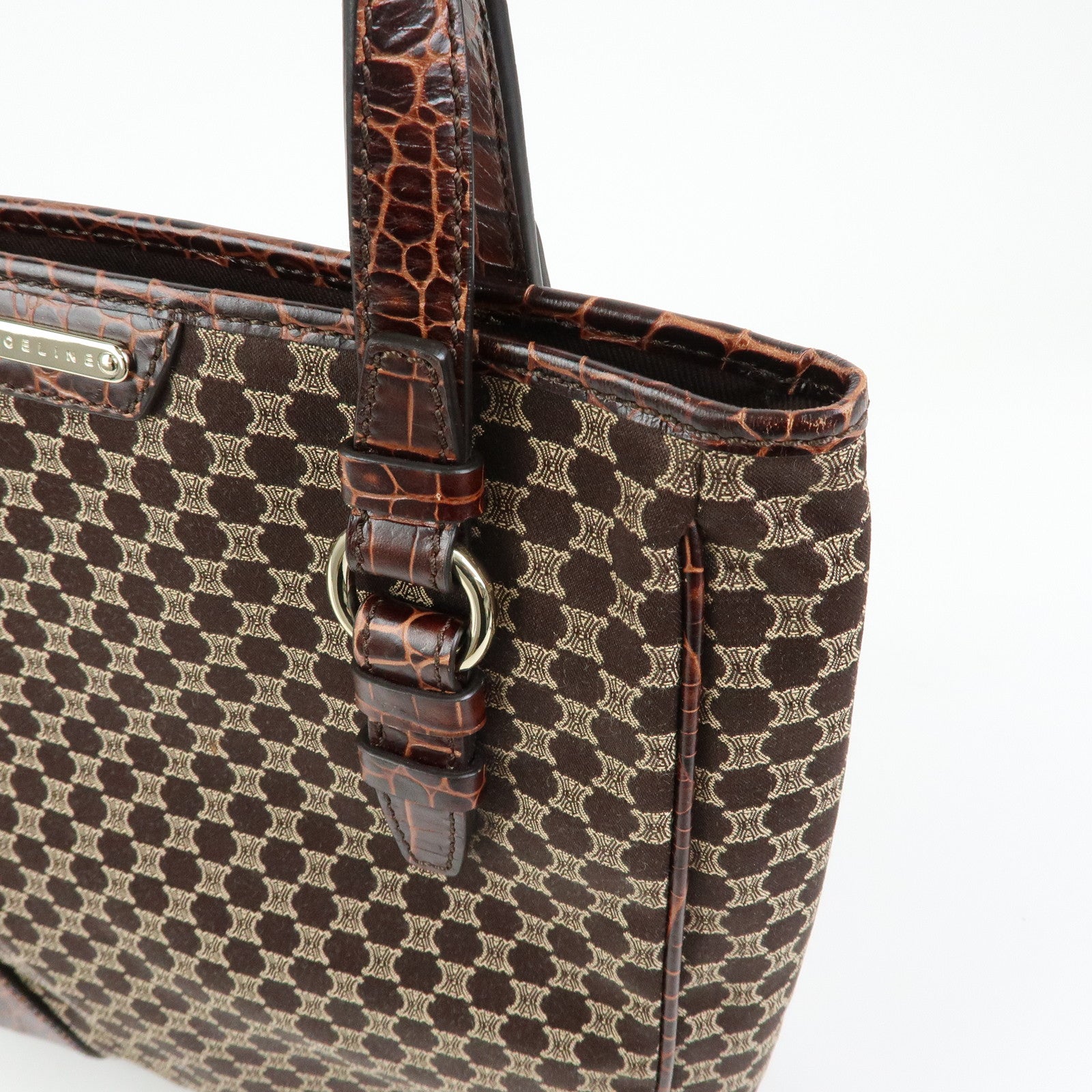 CELINE Macadam Embossed Leather Canvas Tote Bag Hand Bag Brown