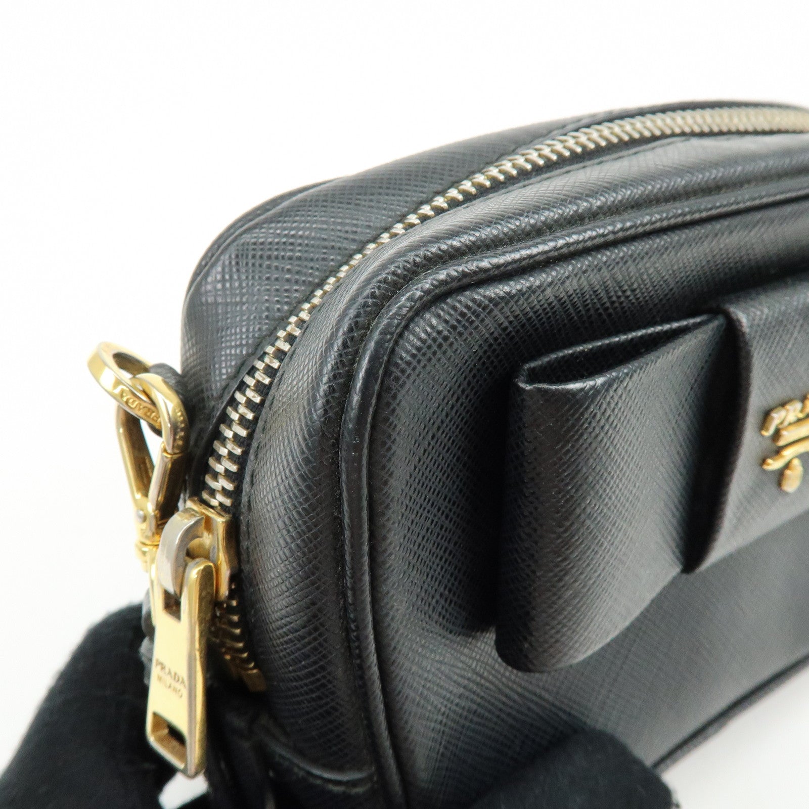 PRADA Saffiano Leather Shoulder Crossbody Bag Ribbon Motif Black 1NF674