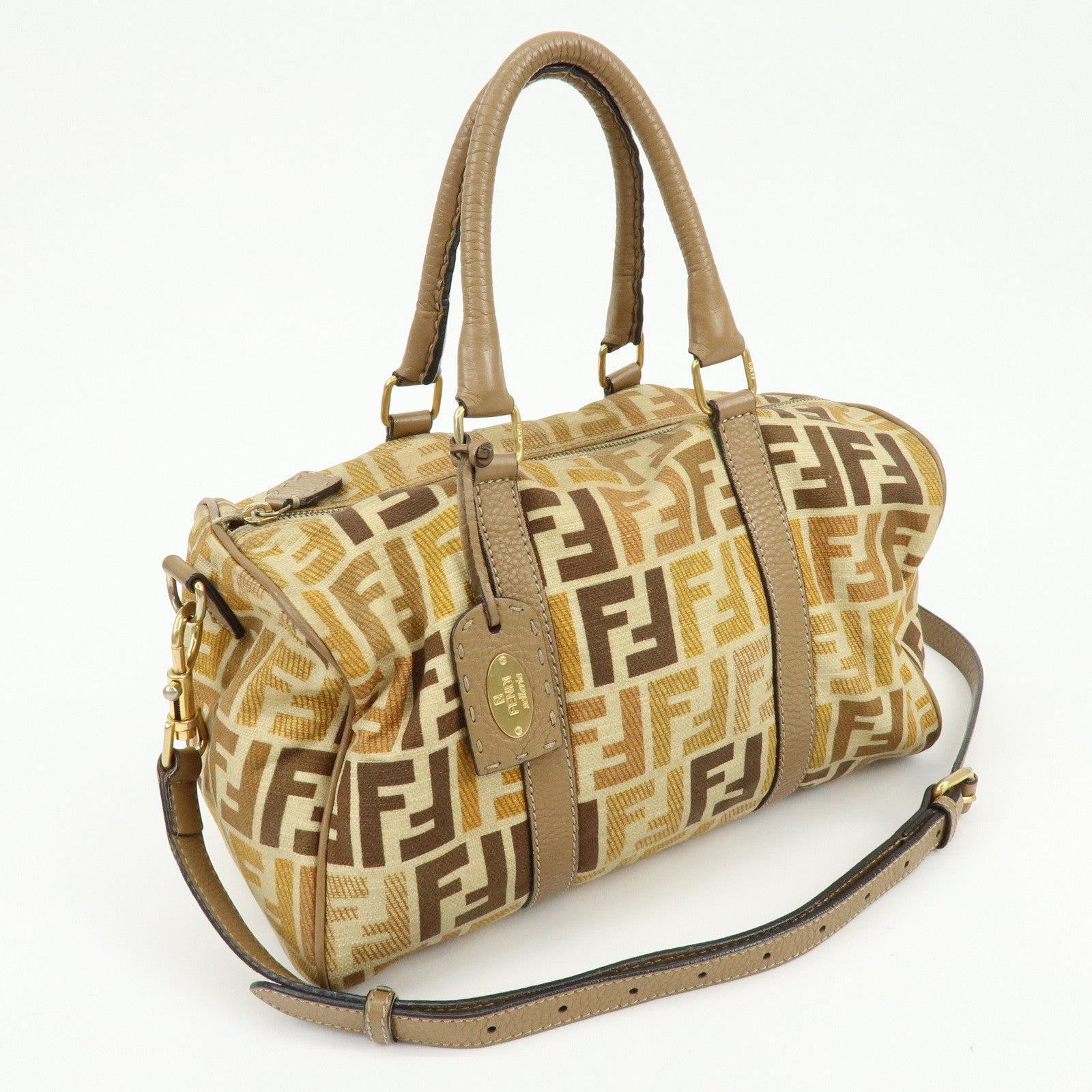 FENDI Zucca Seleria Canvas Leather 2Way Bag Shoulder Bag Brown Beige