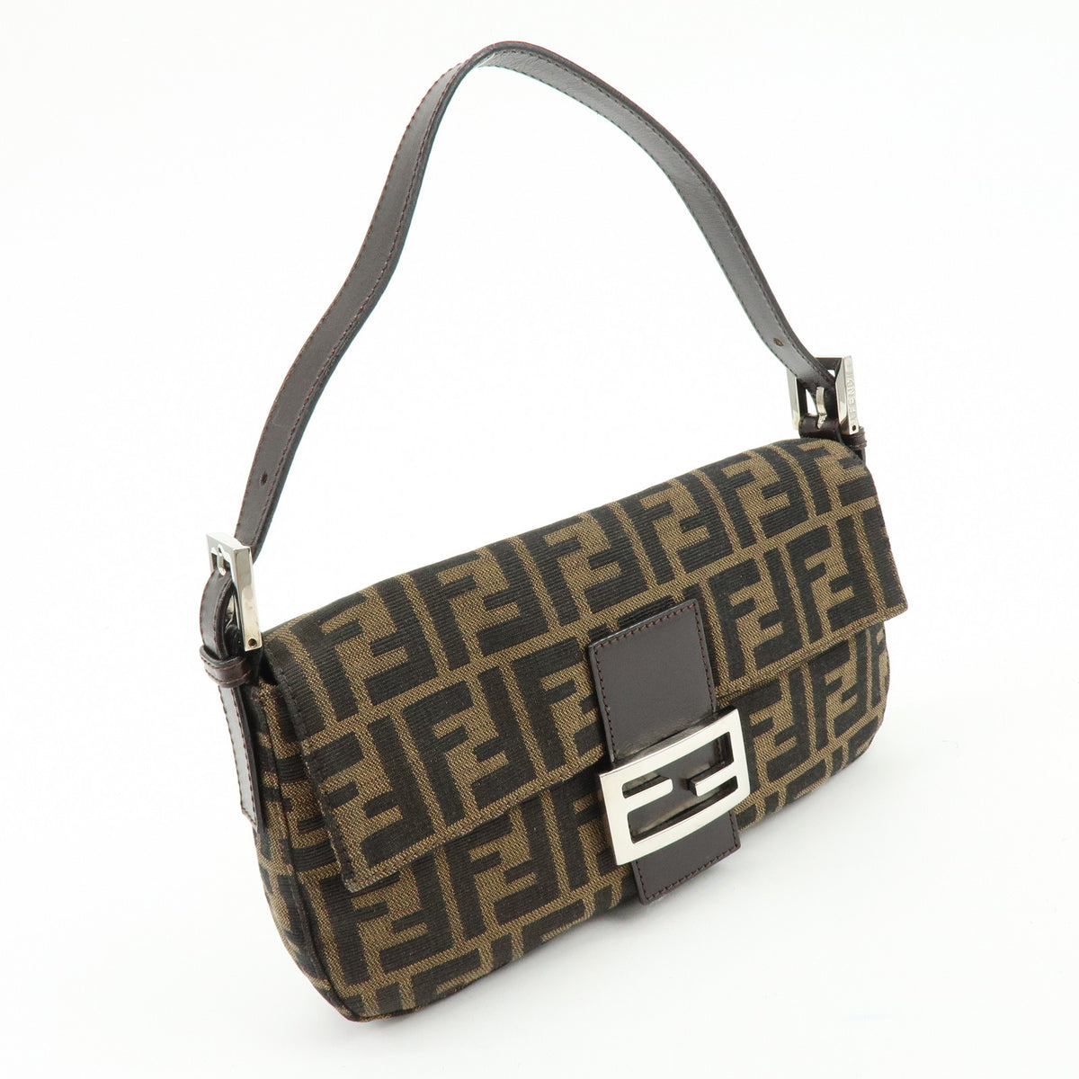 FENDI Mamma Baguette Zucca Canvas Leather Shoulder Bag Brown 26424